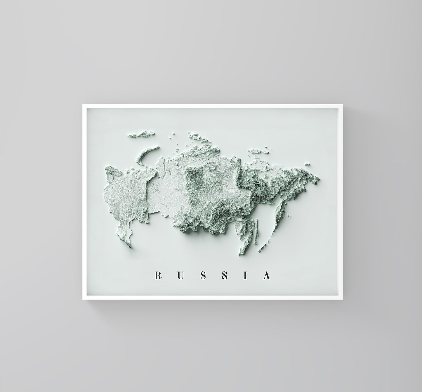 Russia vintage framed shaded relief map in white frame. Artistic print highlighting mountains with a realistic 3d effect