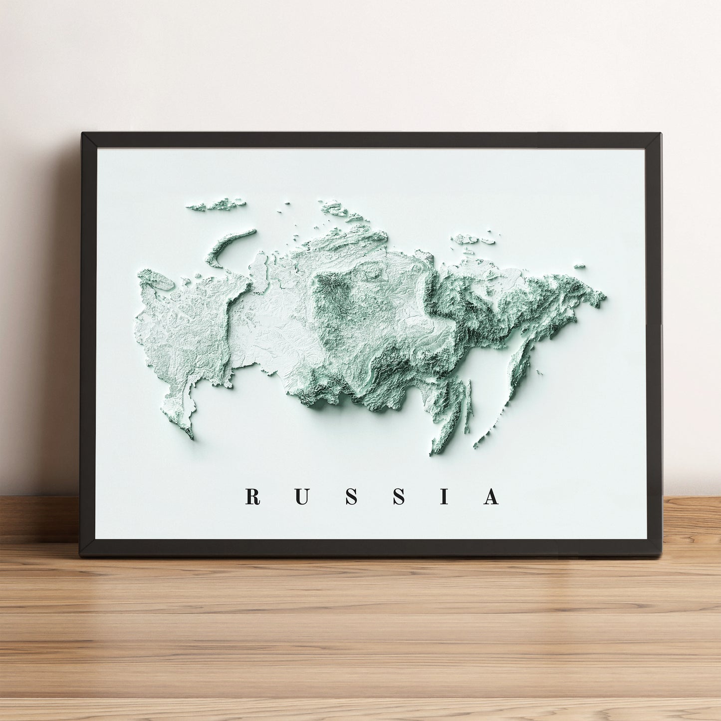 Russia vintage framed shaded relief map in black frame. Artistic print highlighting mountains with a realistic terrain effect