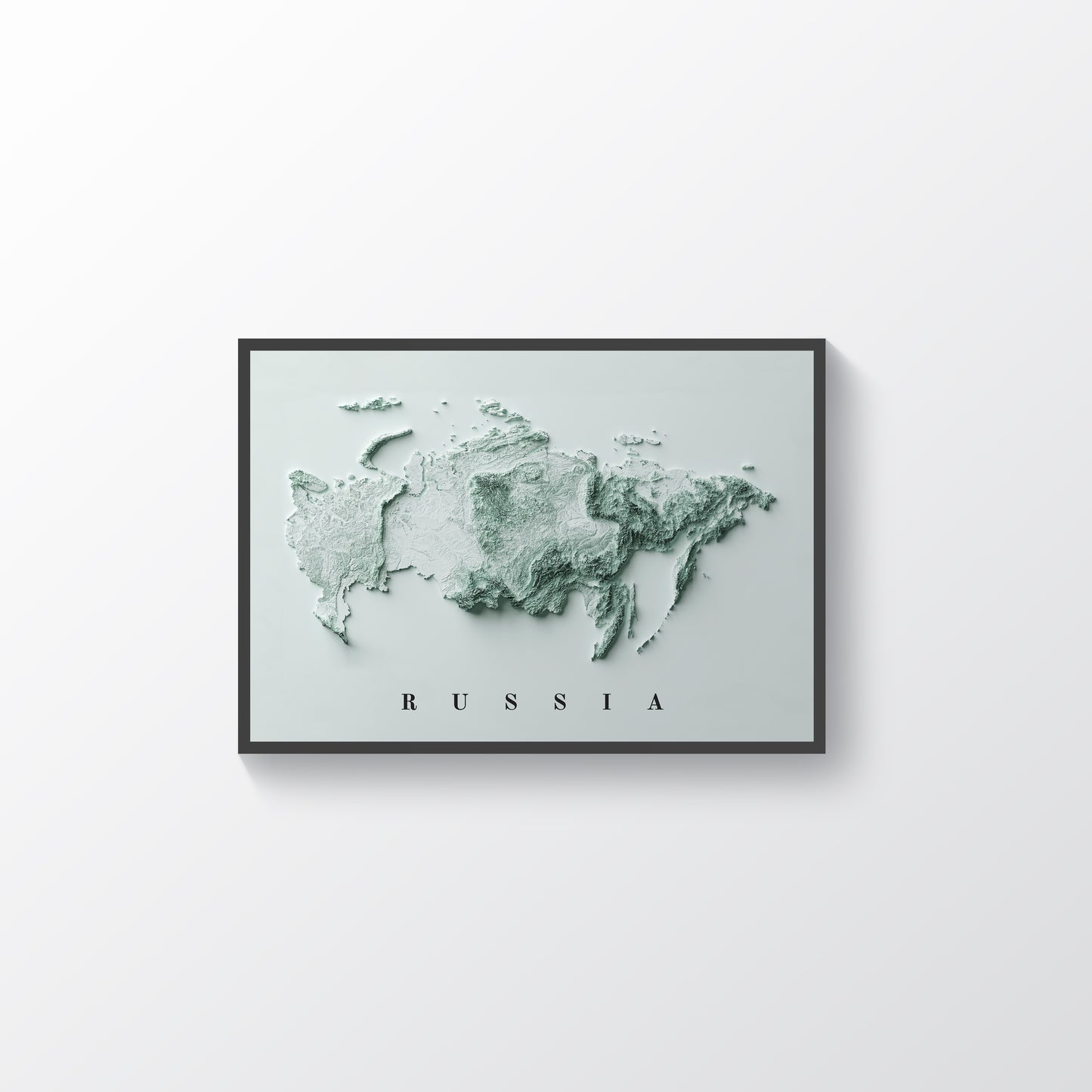 Russia vintage framed shaded relief map in black frame. Artistic print highlighting mountains with a realistic terrain effect