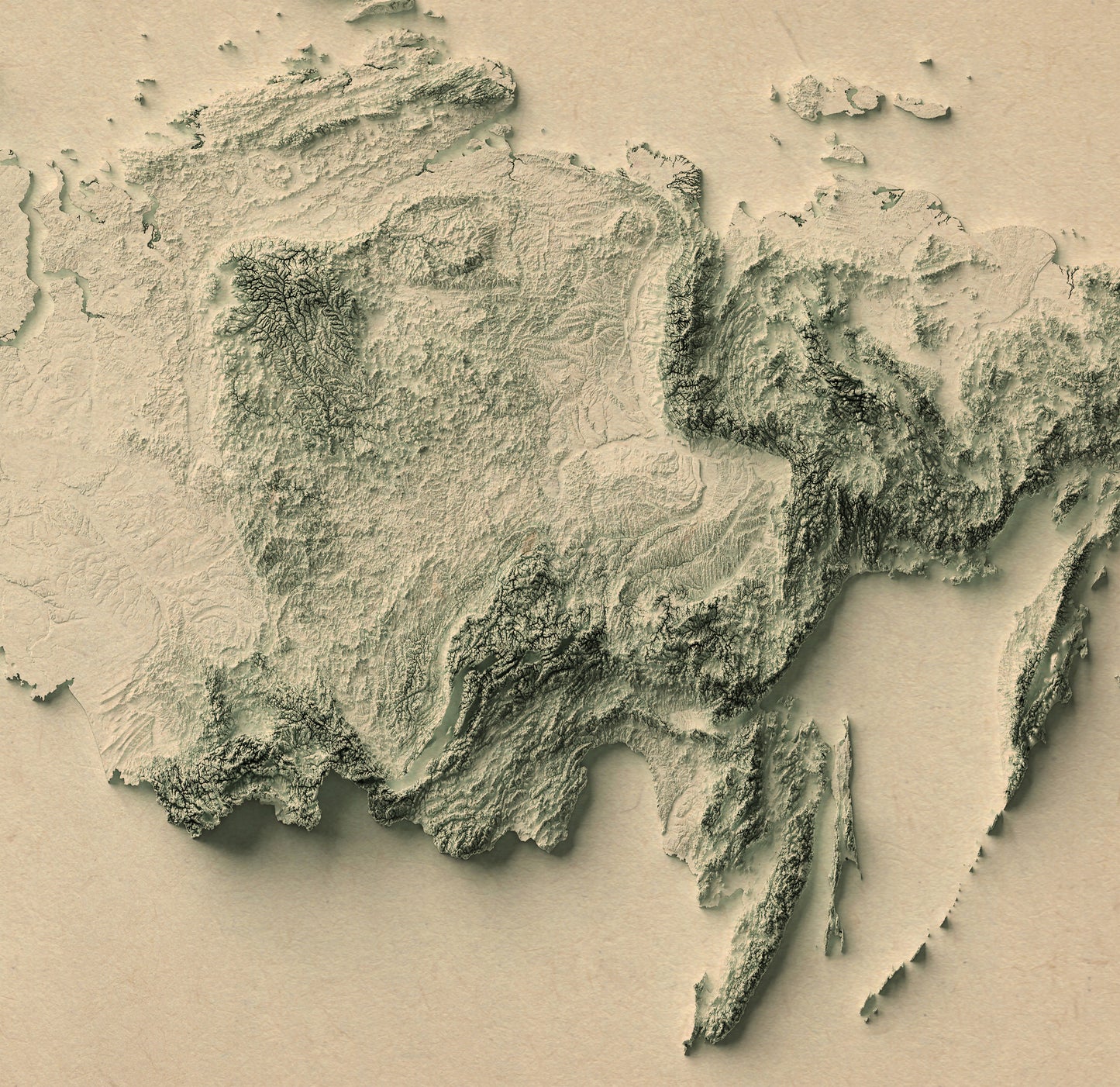 Detailed close-up of a vintage Russia relief map, showcasing textured topography and geographic contours