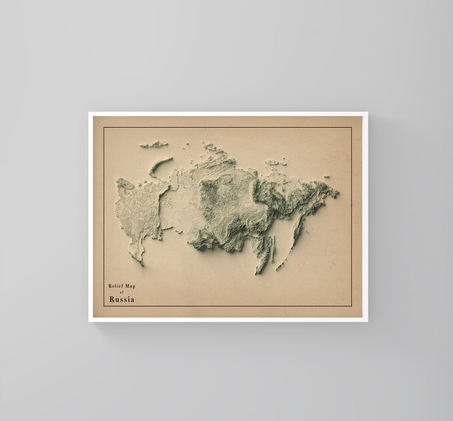 Russia vintage framed shaded relief map in white frame. Artistic print highlighting mountains with a realistic 3d effect