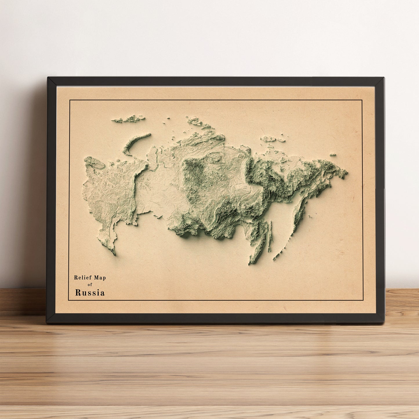 Russia vintage framed shaded relief map in black frame. Artistic print highlighting mountains with a realistic terrain effect