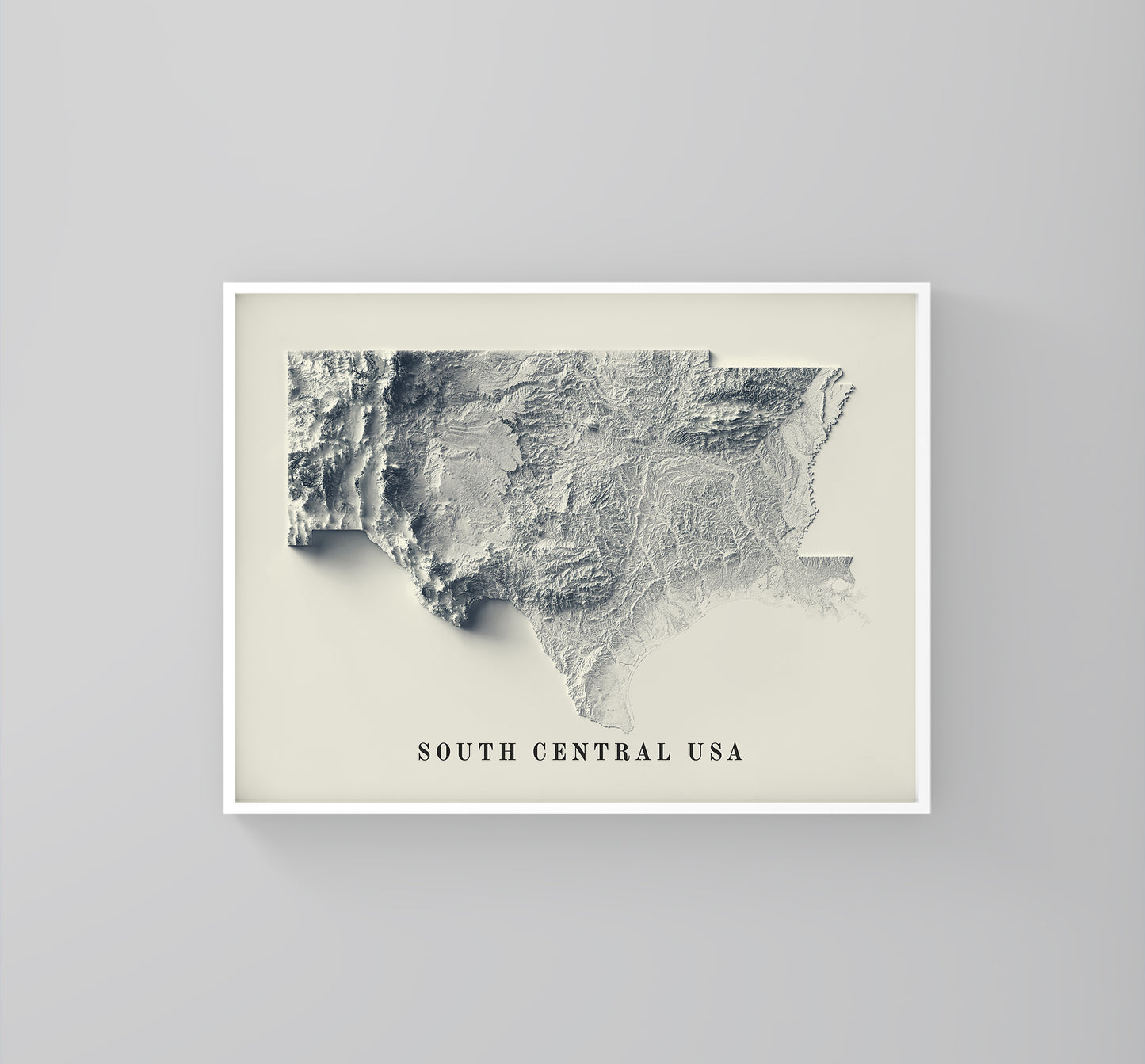 South Central USA framed shaded relief map in white frame. Artistic print highlighting mountains with a realistic 3d effect