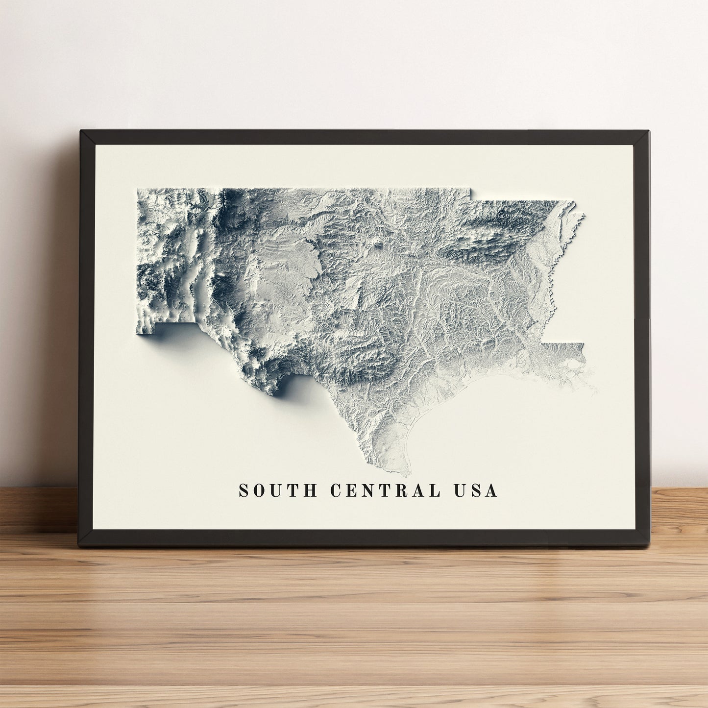 South Central USA vintage framed shaded relief map in black frame. Artistic print highlighting mountains with a realistic terrain effect