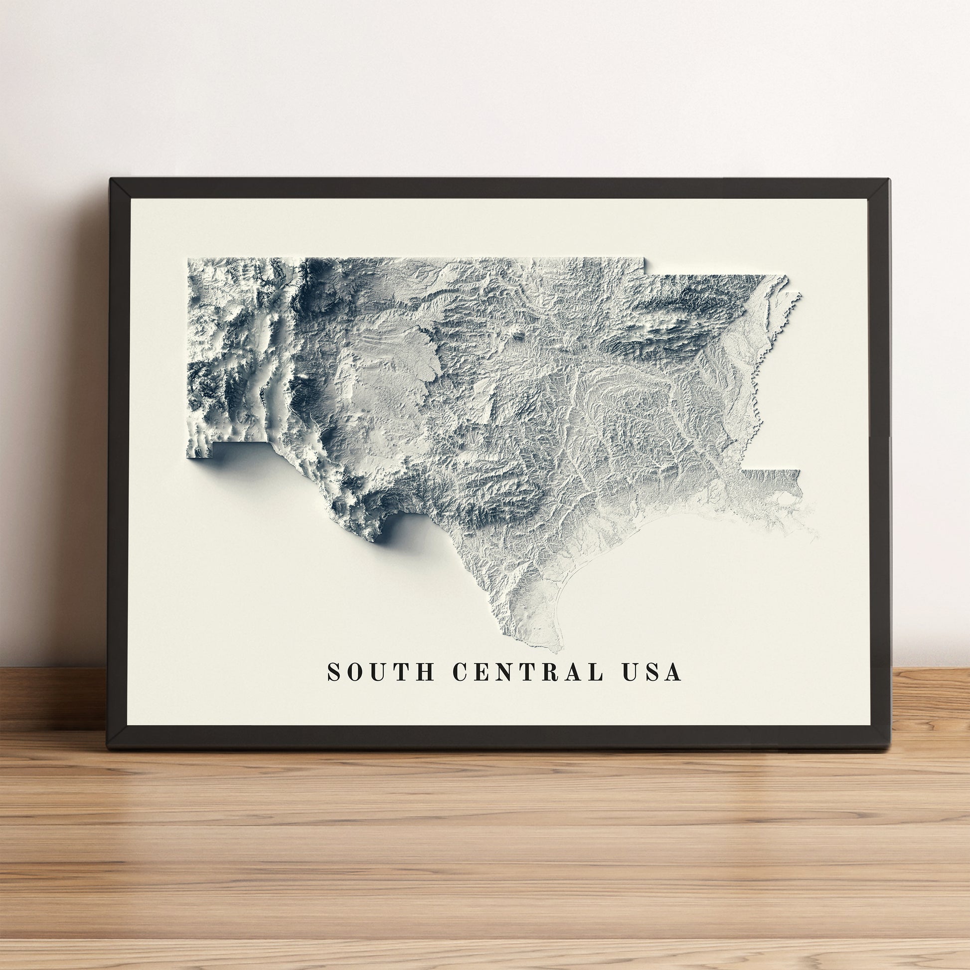 South Central USA vintage framed shaded relief map in black frame. Artistic print highlighting mountains with a realistic terrain effect