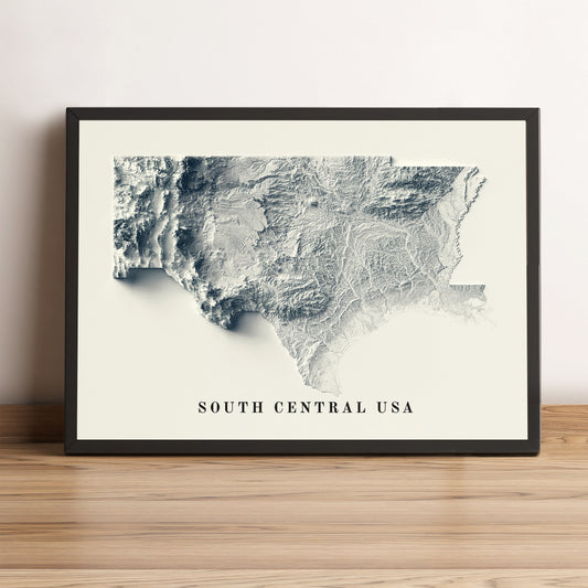 South Central USA vintage framed shaded relief map in black frame. Artistic print highlighting mountains with a realistic terrain effect