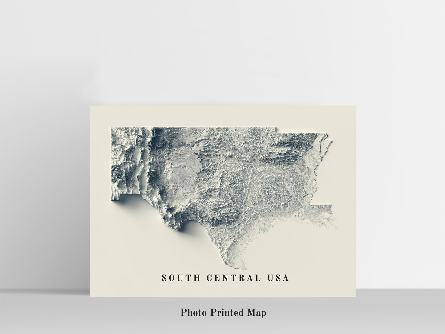 South Central USA Shaded relief map print, highlighting topography. Ideal for home decor and geography lovers