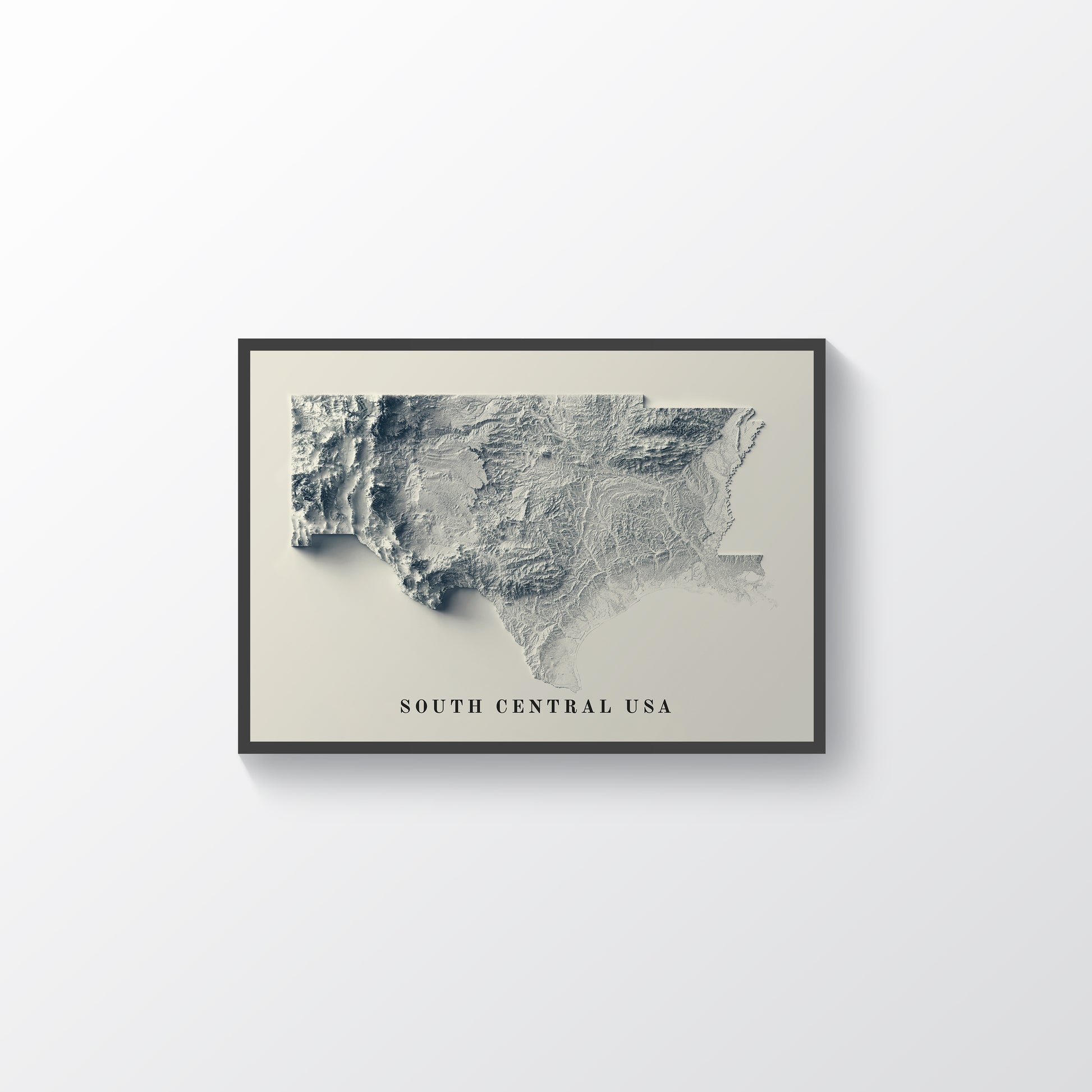 South Central USA vintage framed shaded relief map in black frame. Artistic print highlighting mountains with a realistic terrain effect