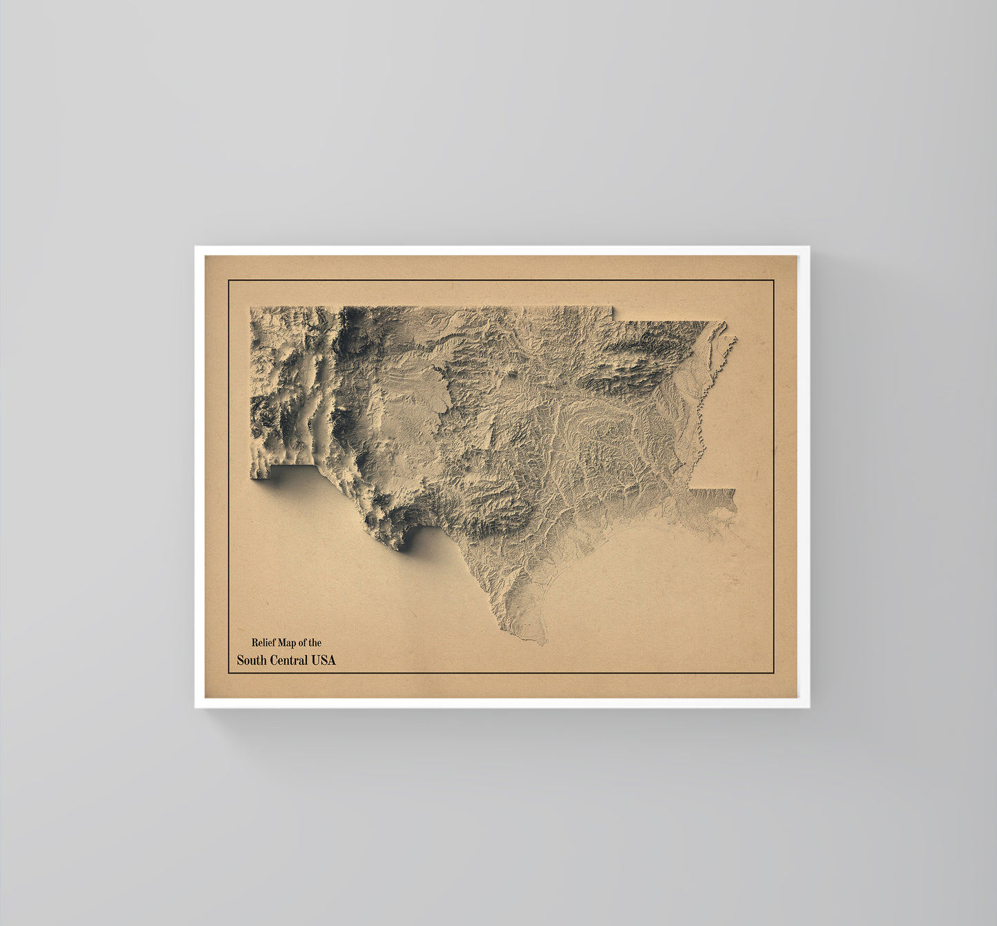South Central USA vintage framed shaded relief map in white frame. Artistic print highlighting mountains with a realistic 3d effect