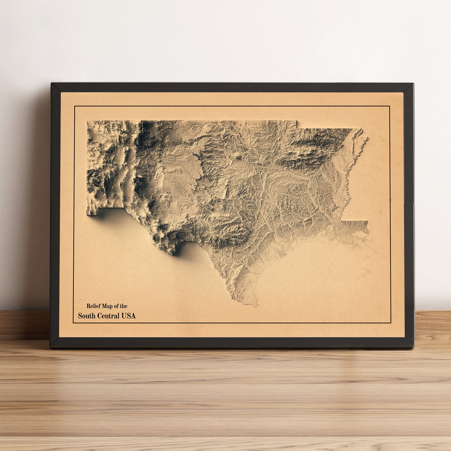 South Central USA vintage framed shaded relief map in black frame. Artistic print highlighting mountains with a realistic terrain effect