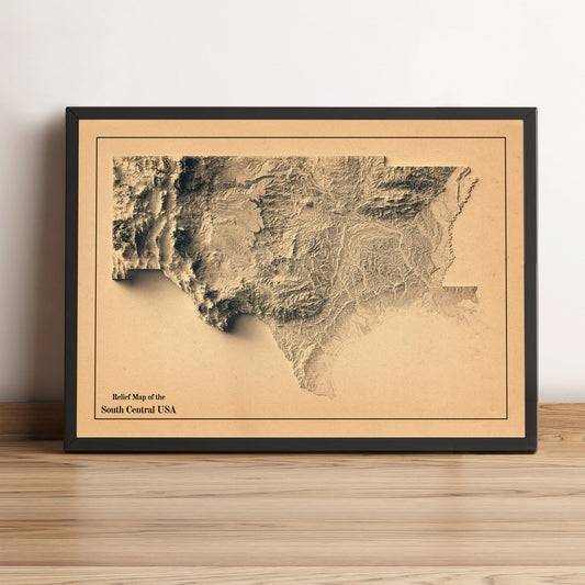 South Central USA vintage framed shaded relief map in black frame. Artistic print highlighting mountains with a realistic terrain effect
