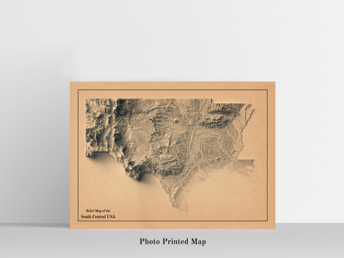 South Central USA Shaded relief map print, highlighting topography. Ideal for home decor and geography lovers
