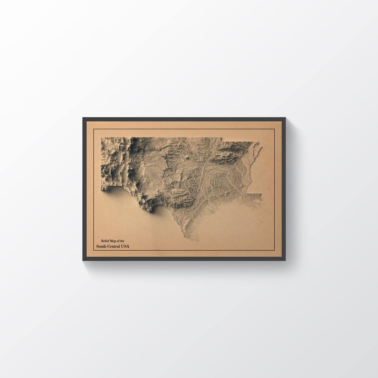 South Central USA vintage framed shaded relief map in black frame. Artistic print highlighting mountains with a realistic terrain effect
