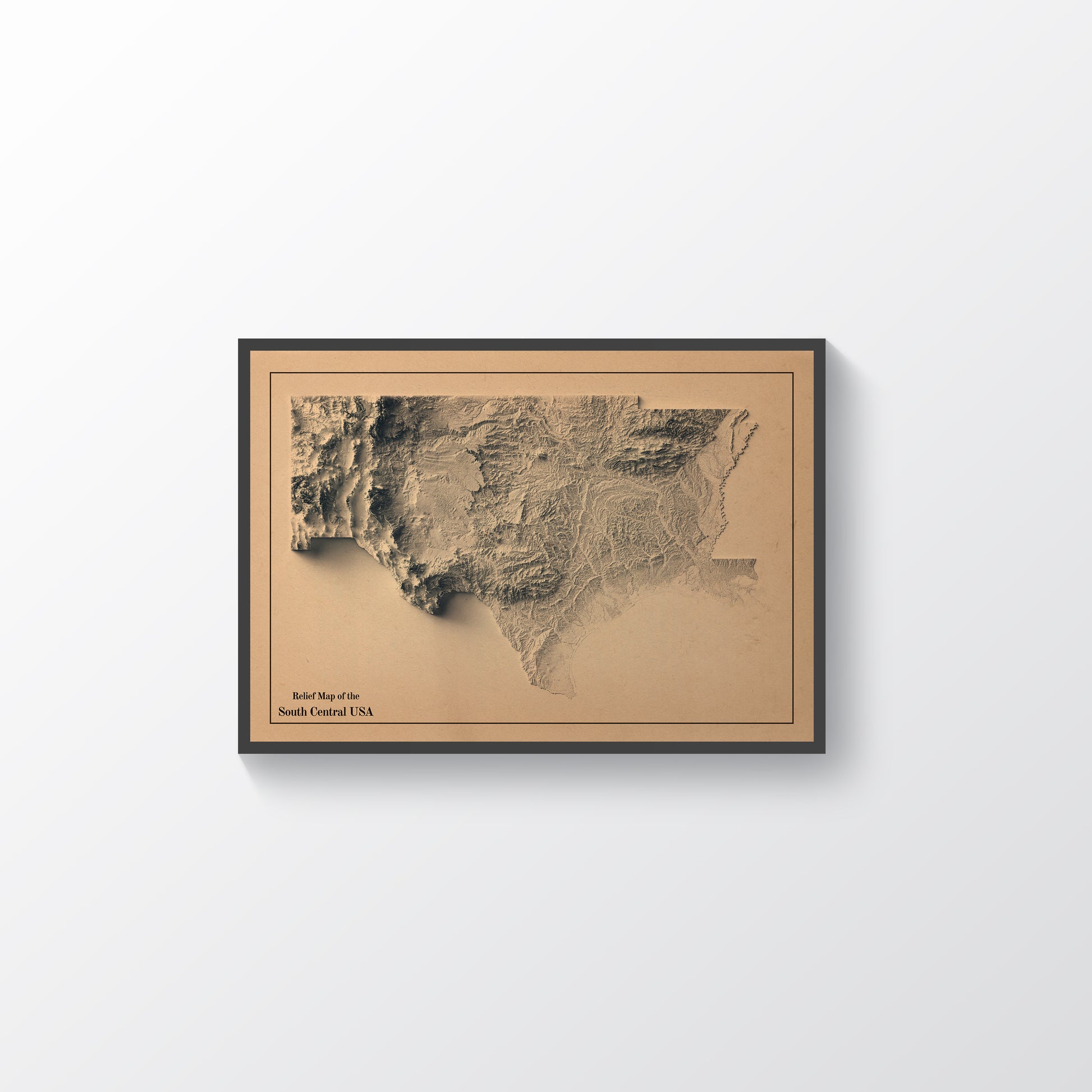 South Central USA vintage framed shaded relief map in black frame. Artistic print highlighting mountains with a realistic terrain effect