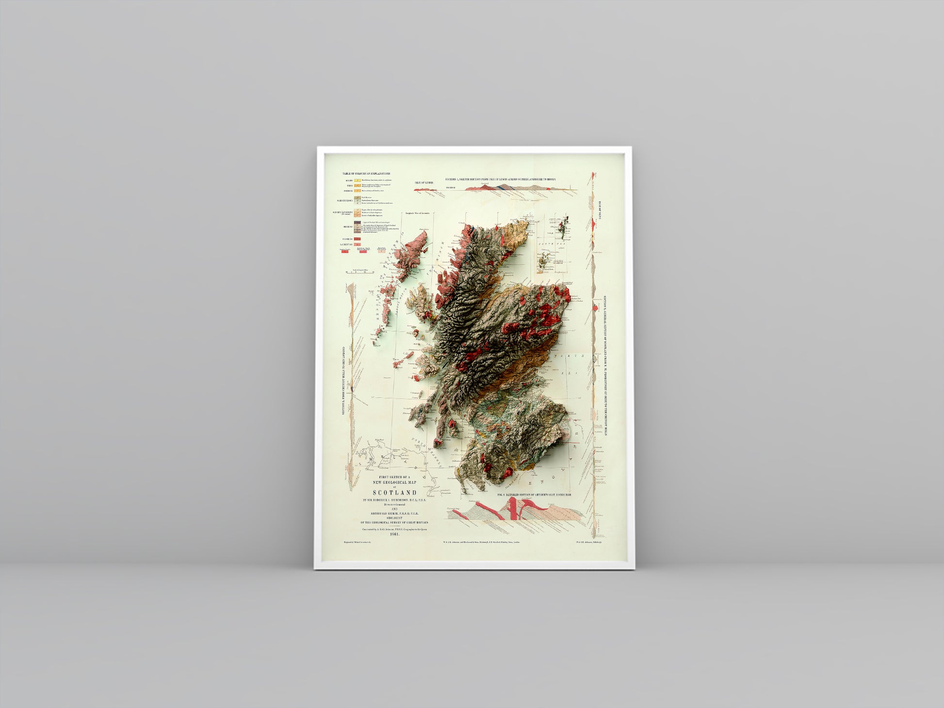 Scotland vintage framed shaded relief map in white frame. Artistic print highlighting mountains with a realistic 3d effect