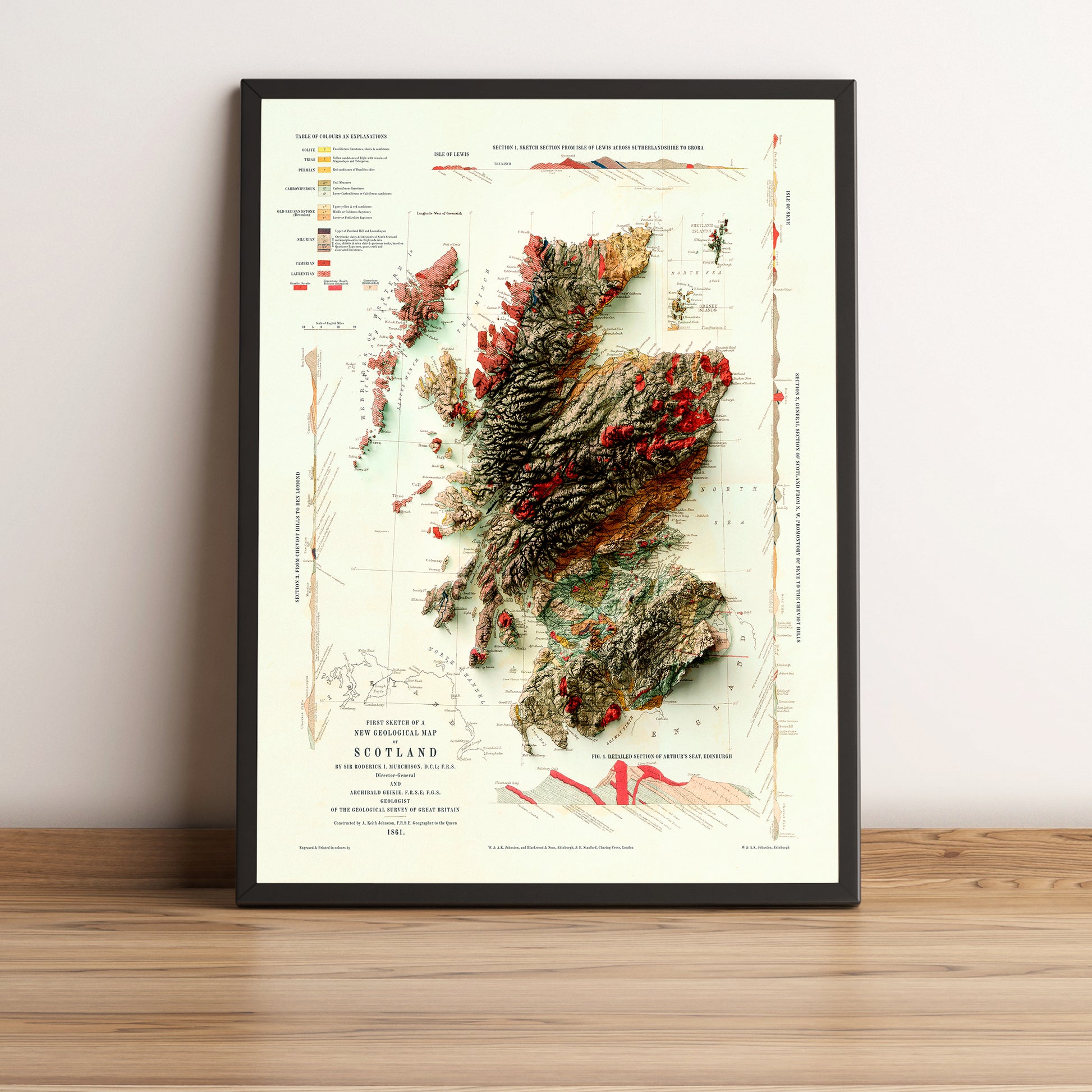 Scotland vintage framed shaded relief map in black frame. Artistic print highlighting mountains with a realistic terrain effect