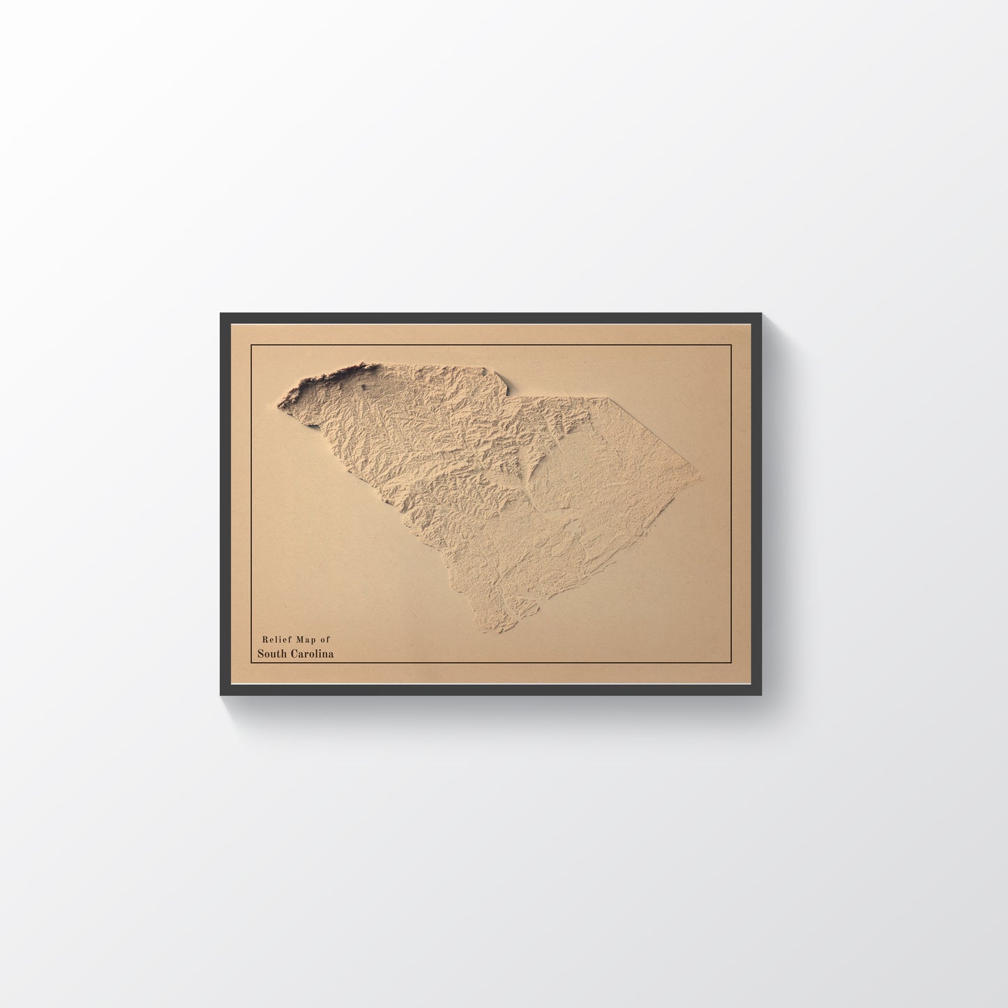 South Carolina (USA) vintage framed shaded relief map in black frame. Artistic print highlighting mountains with a realistic terrain effect