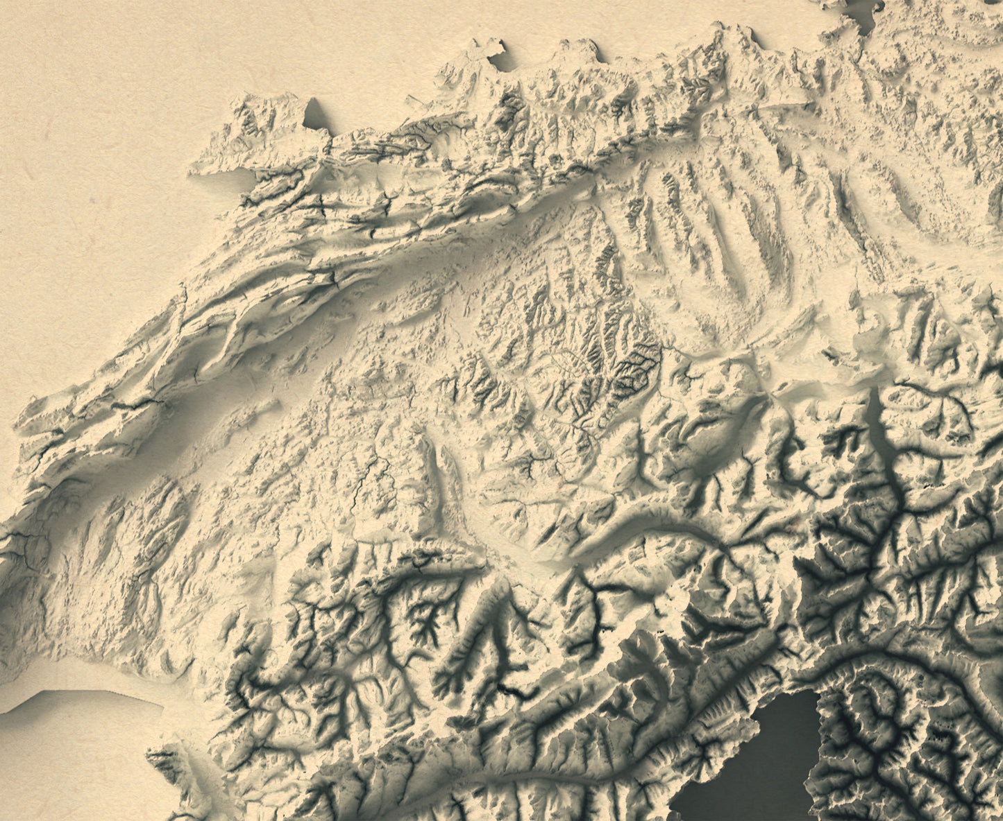 Detailed close-up of a vintage Sweitzerland relief map, showcasing textured topography and geographic contours