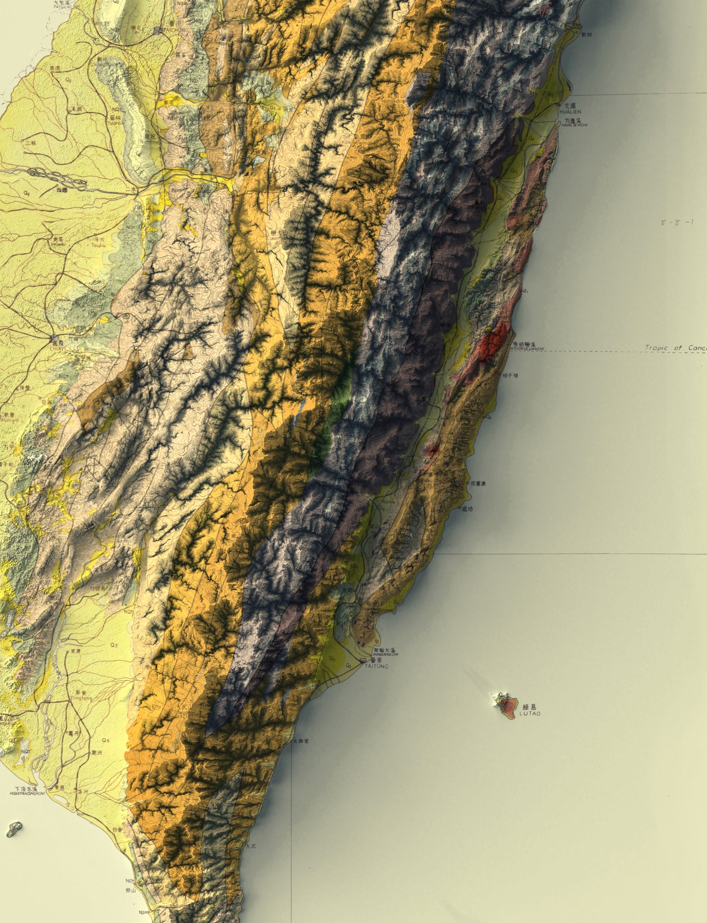 Detailed close-up of a vintage Taiwan relief map, showcasing textured topography and geographic contours
