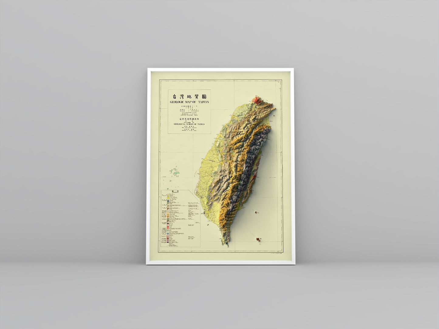 Taiwan vintage framed shaded relief map in white frame. Artistic print highlighting mountains with a realistic 3d effect