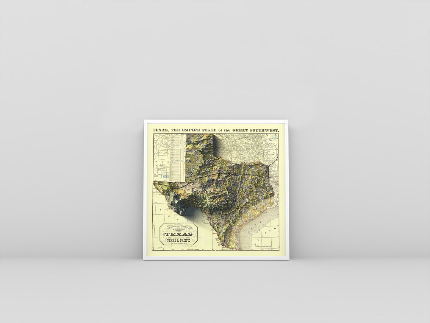 Texas (USA) vintage framed shaded relief map in white frame. Artistic print highlighting mountains with a realistic 3d effect