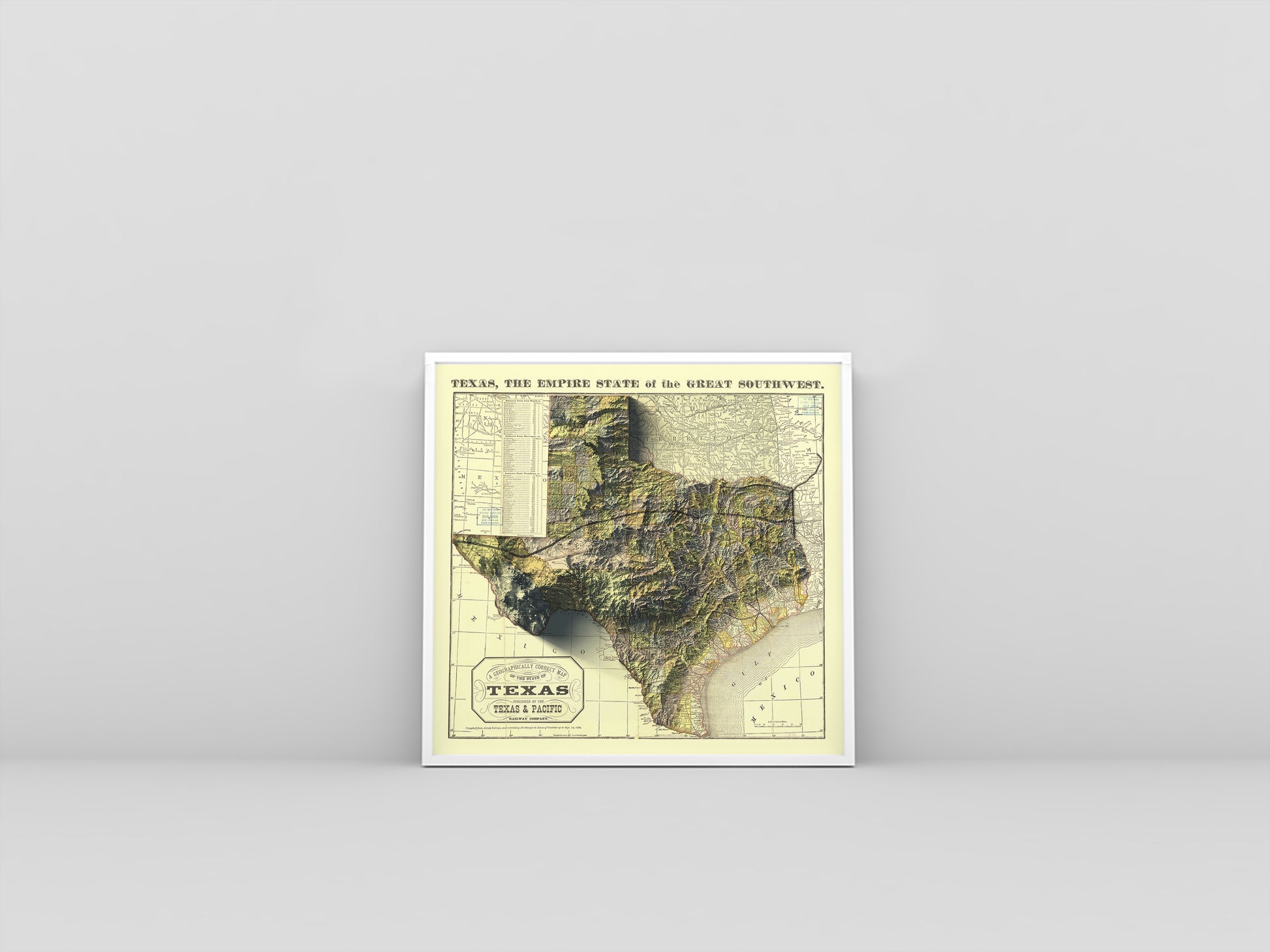 Texas (USA) vintage framed shaded relief map in white frame. Artistic print highlighting mountains with a realistic 3d effect