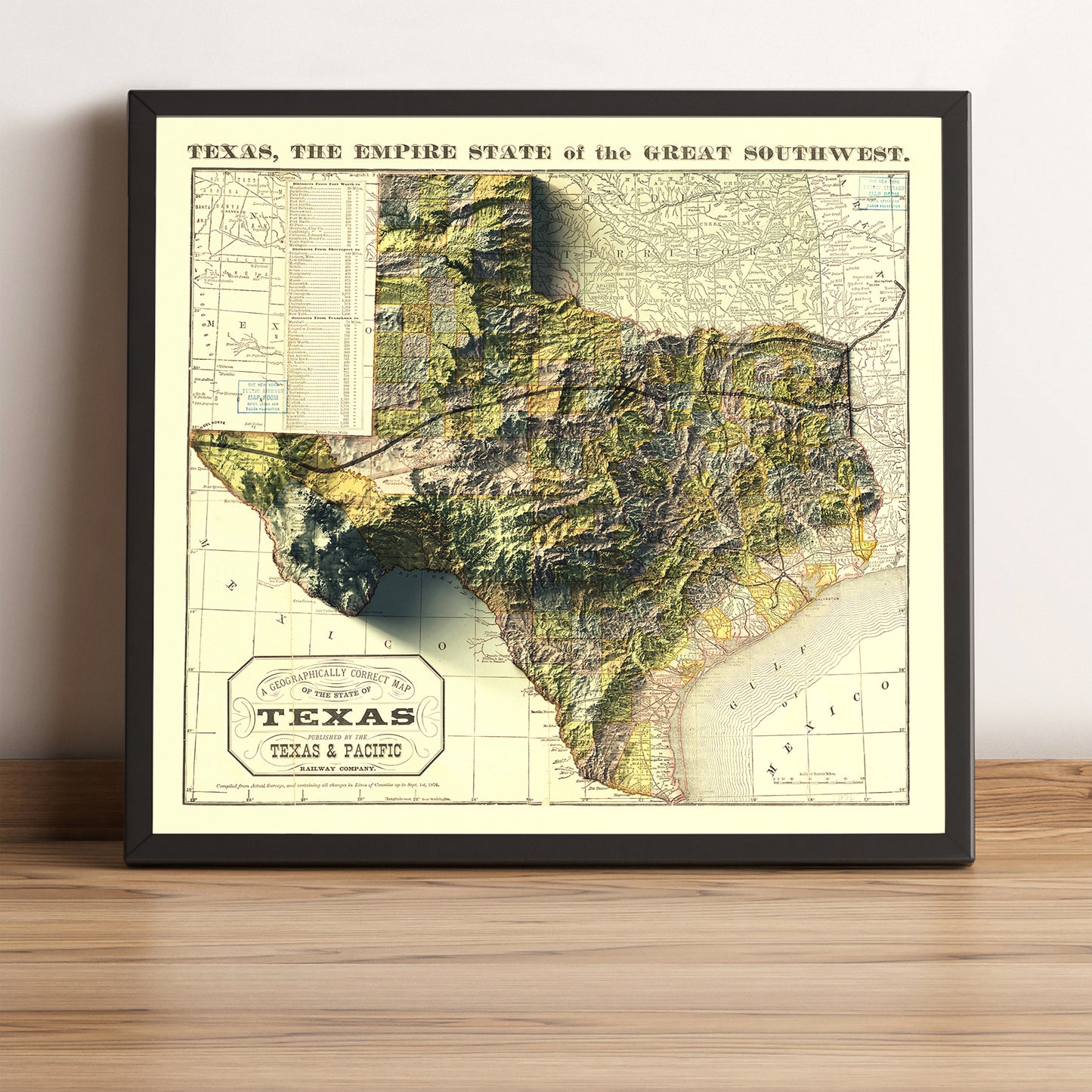Texas (USA) vintage framed shaded relief map in black frame. Artistic print highlighting mountains with a realistic terrain effect