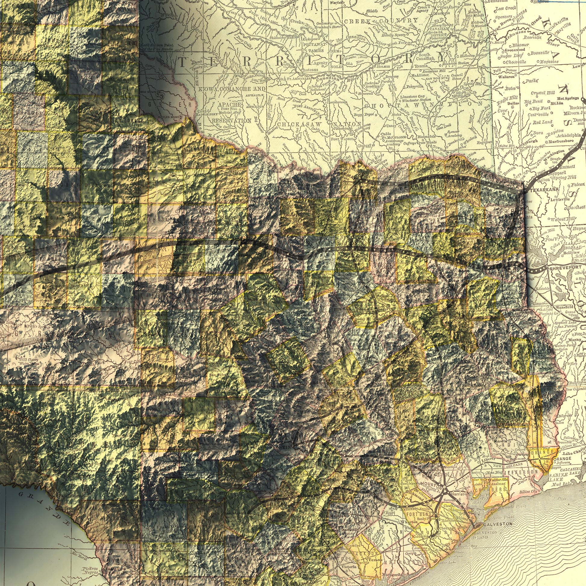Detailed close-up of a vintage Texas (USA) relief map, showcasing textured topography and geographic contours