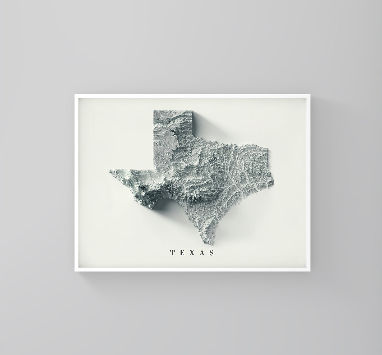 Texas (USA) framed shaded relief map in white frame. Artistic print highlighting mountains with a realistic 3d effect