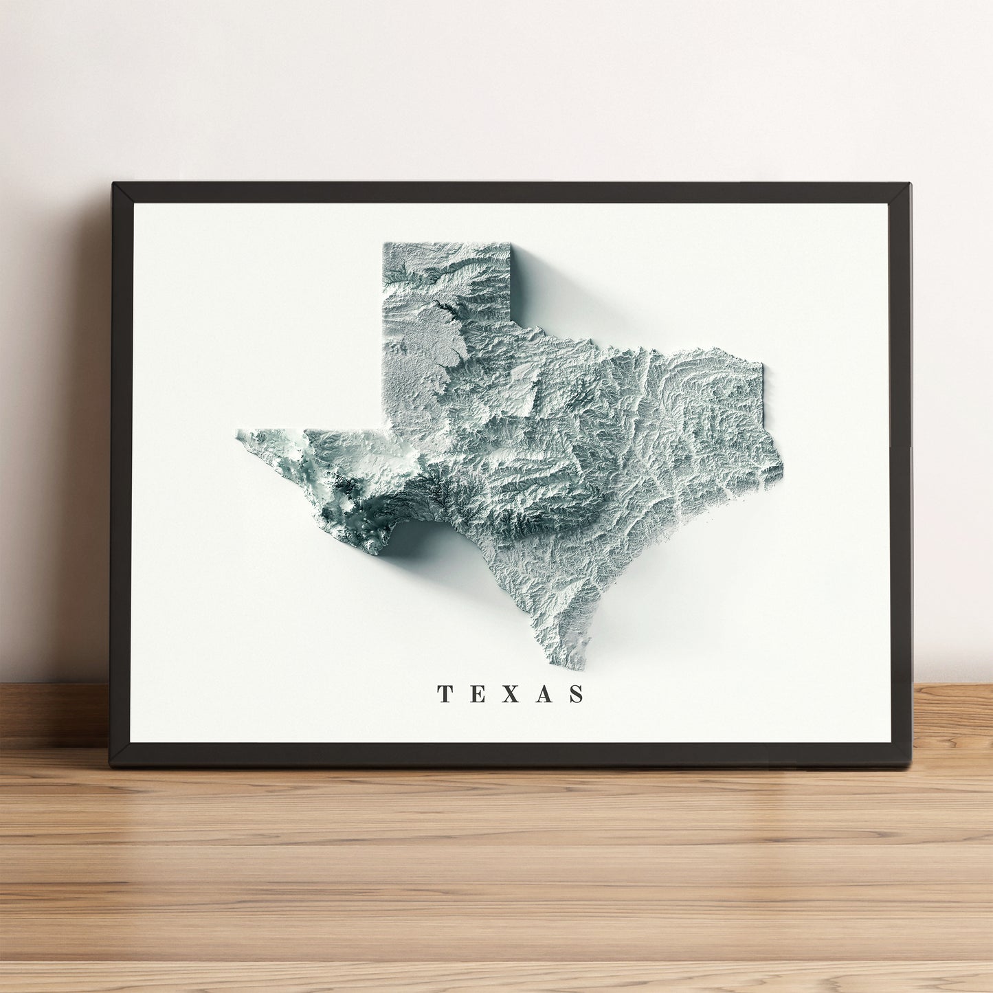 Texas (USA) framed shaded relief map in black frame. Artistic print highlighting mountains with a realistic terrain effect