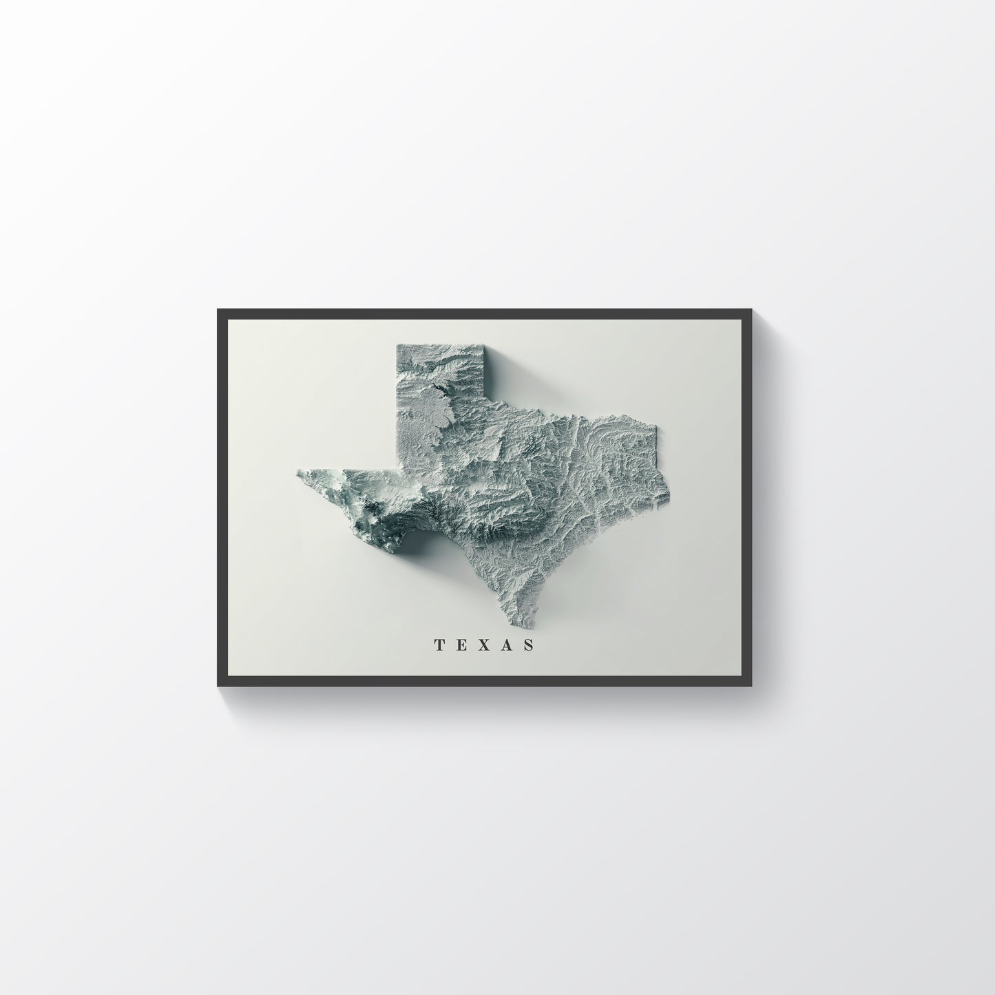Texas (USA) vintage framed shaded relief map in black frame. Artistic print highlighting mountains with a realistic terrain effect
