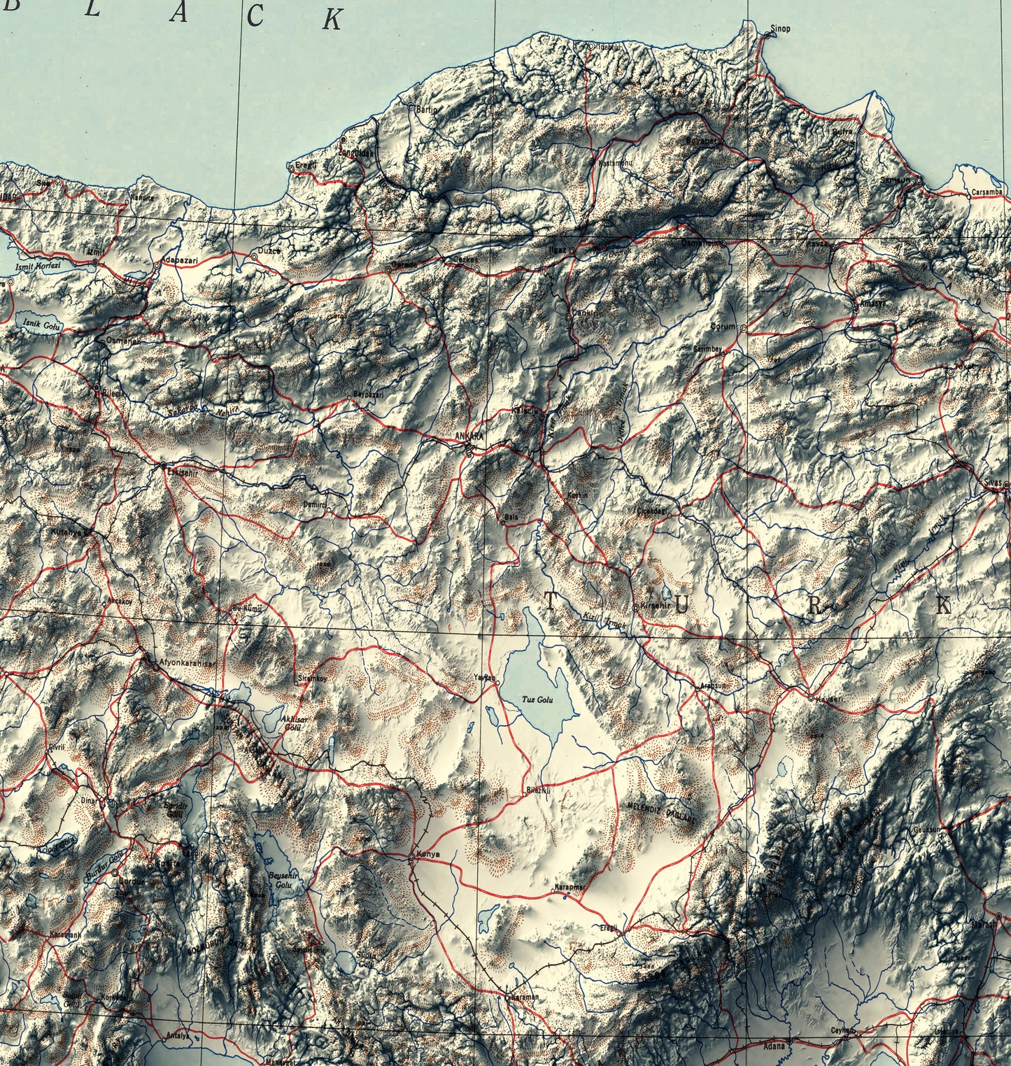 Detailed close-up of a vintage Turkey relief map, showcasing textured topography and geographic contours