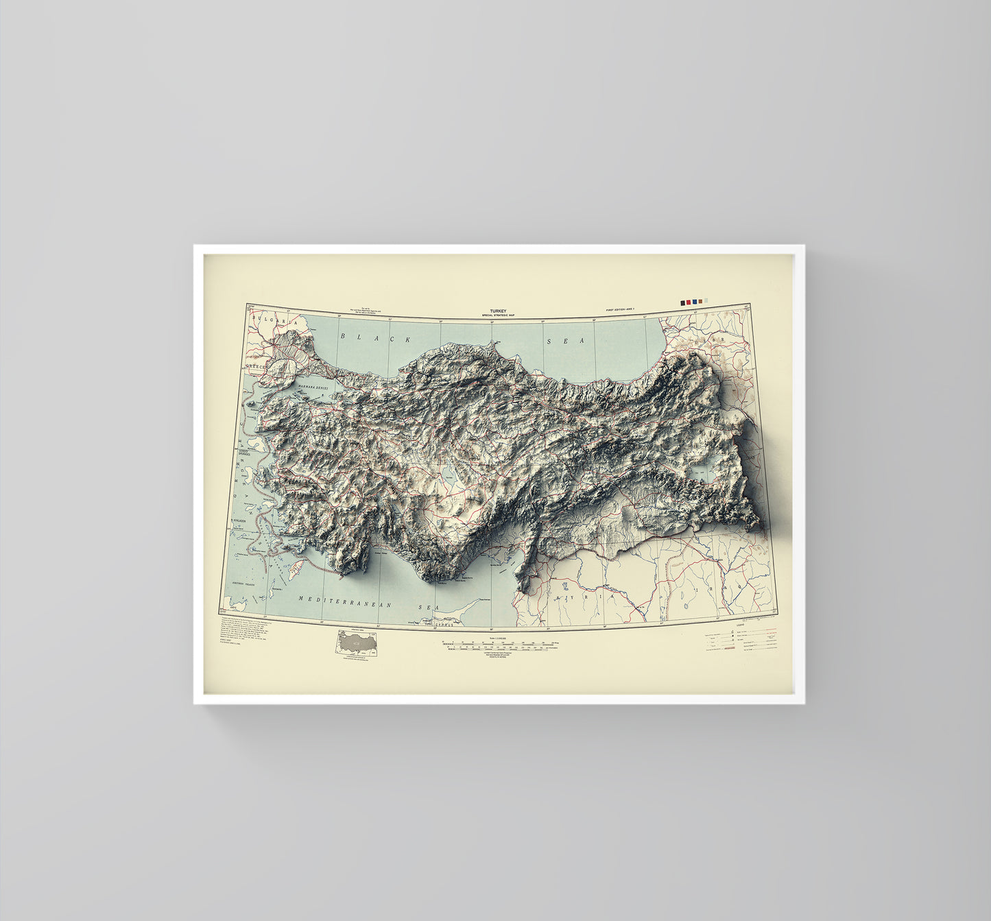 Turkey vintage framed shaded relief map in white frame. Artistic print highlighting mountains with a realistic 3d effect