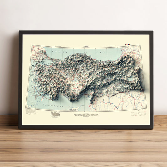 Turkey vintage framed shaded relief map in black frame. Artistic print highlighting mountains with a realistic terrain effect