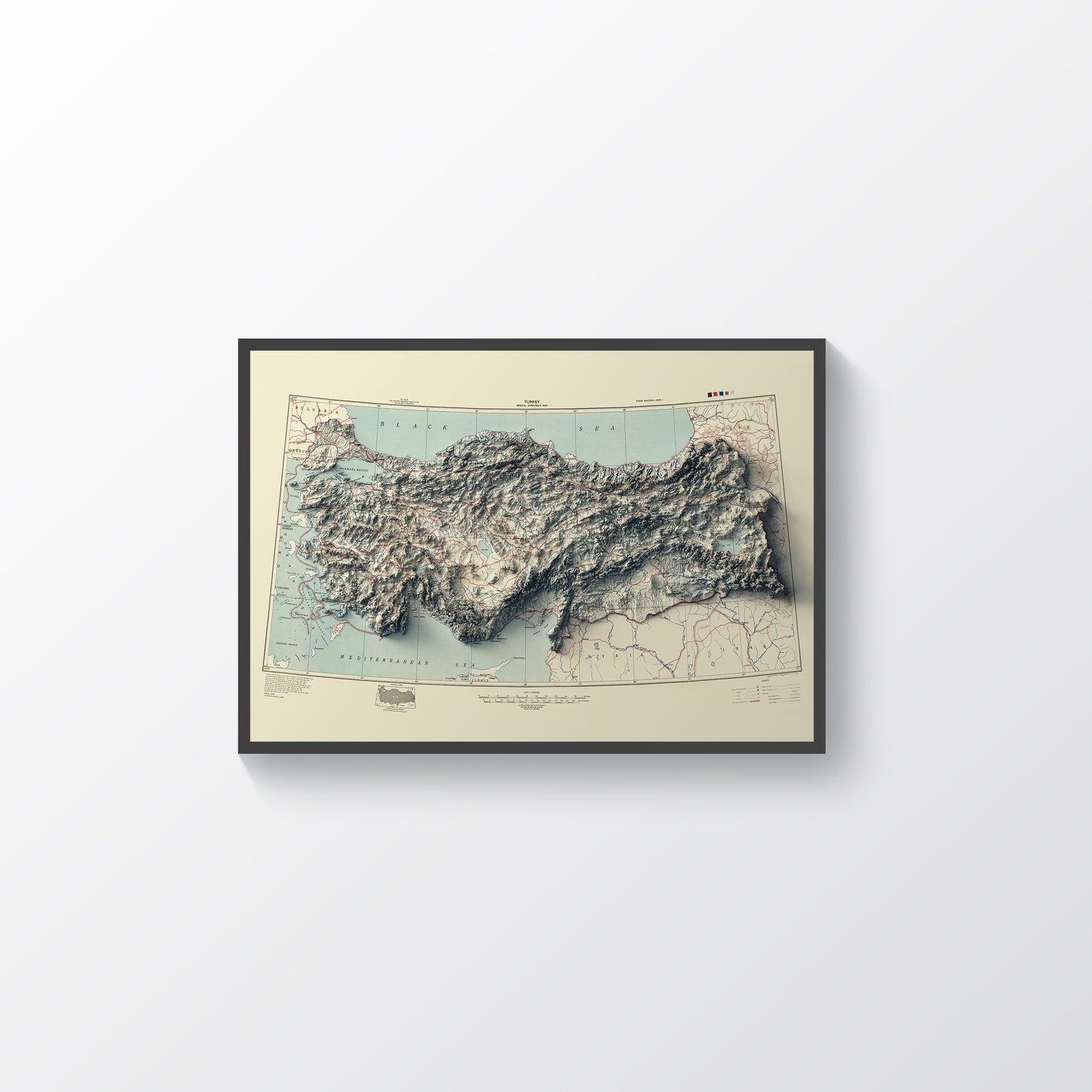Turkey vintage framed shaded relief map in black frame. Artistic print highlighting mountains with a realistic terrain effect