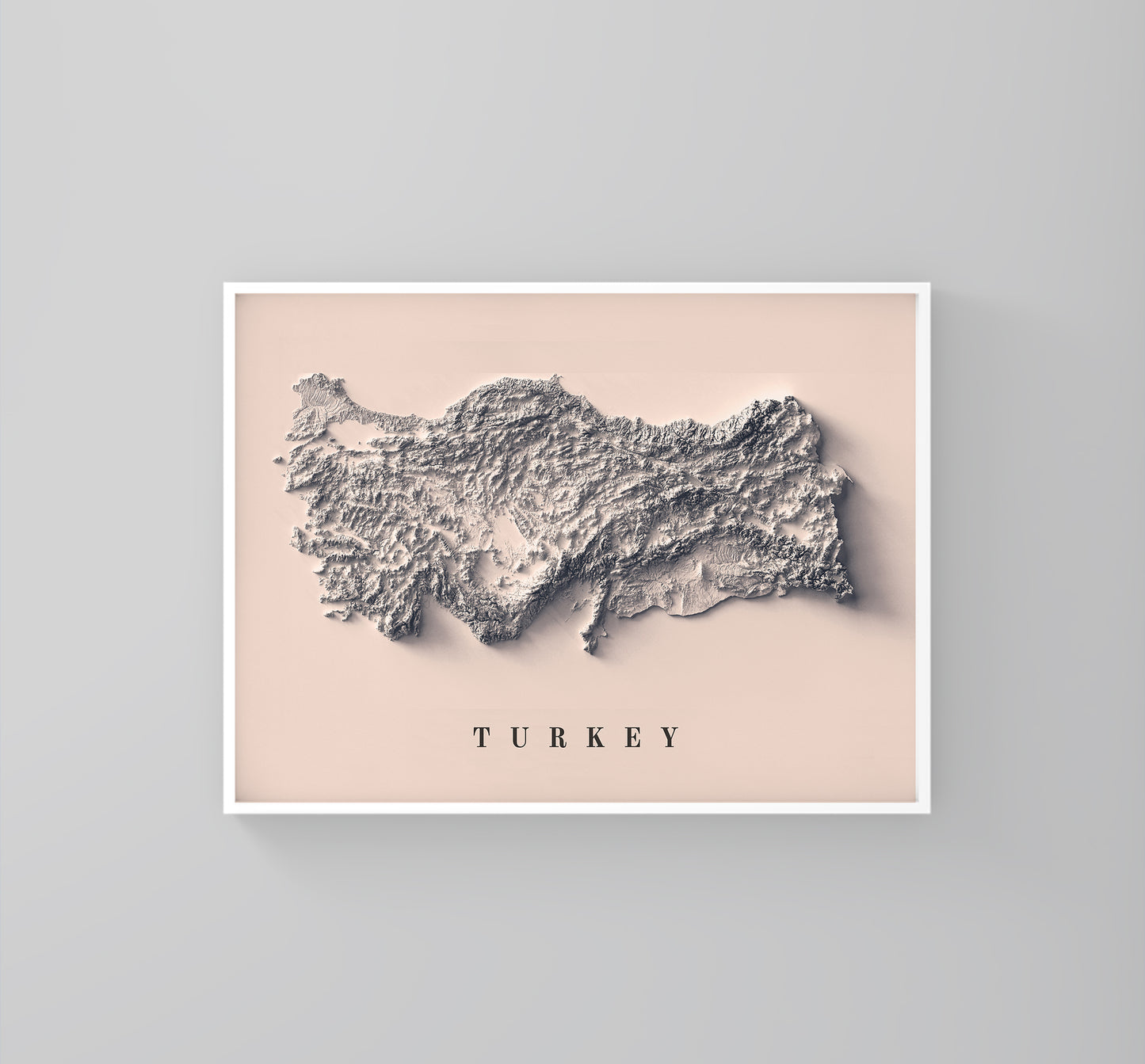 Turkey framed shaded relief map in white frame. Artistic print highlighting mountains with a realistic 3d effect