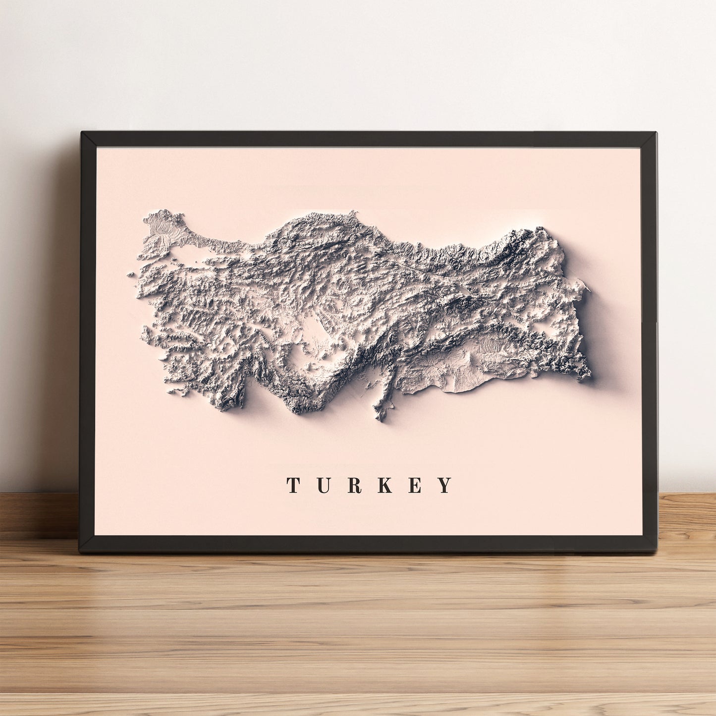 Turkey vintage framed shaded relief map in black frame. Artistic print highlighting mountains with a realistic terrain effect