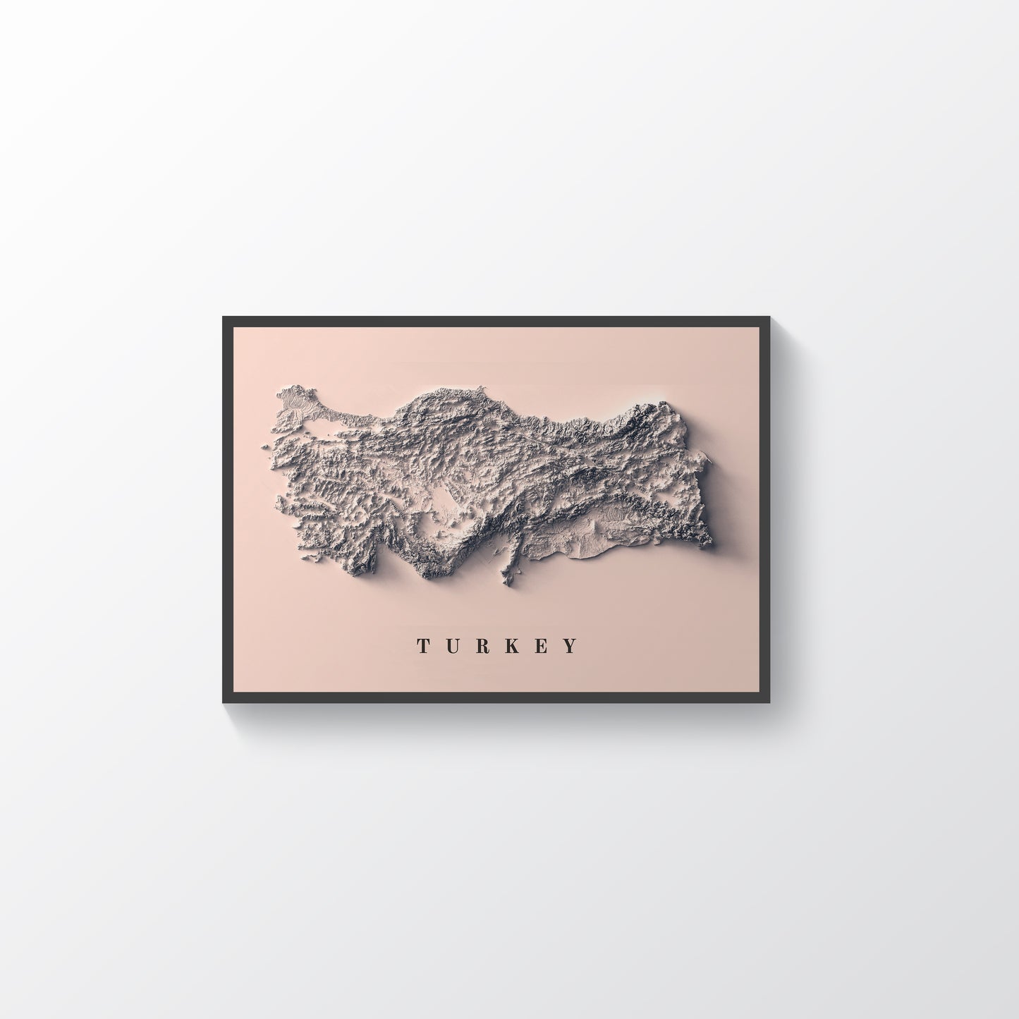 Turkey vintage framed shaded relief map in black frame. Artistic print highlighting mountains with a realistic terrain effect