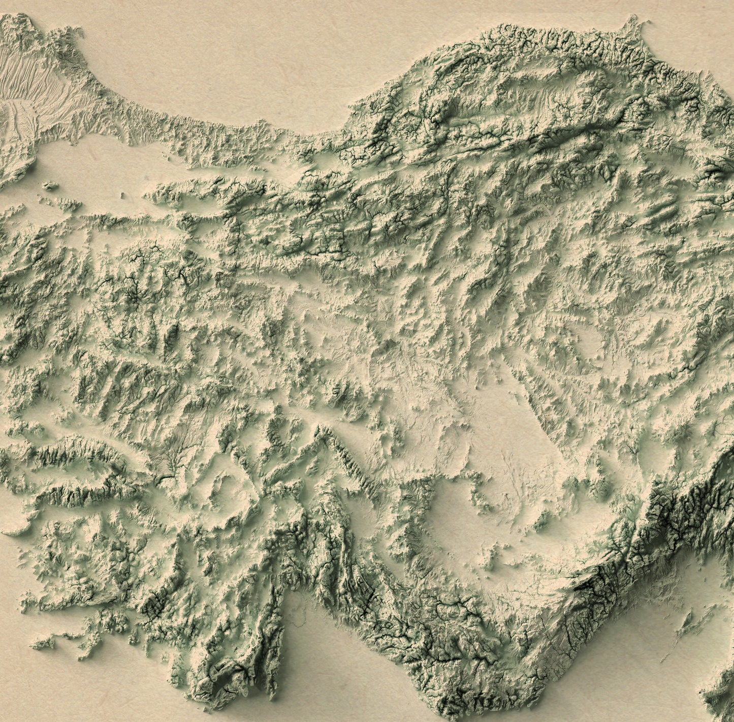 Detailed close-up of a vintage Turkey relief map, showcasing textured topography and geographic contours