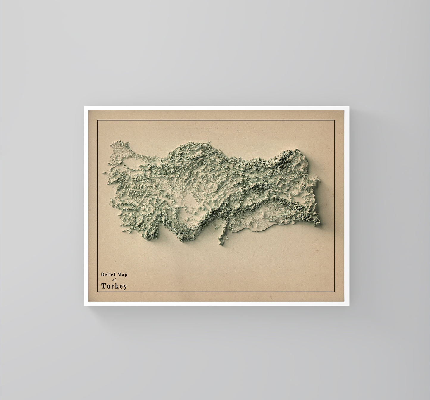 Turkey vintage framed shaded relief map in white frame. Artistic print highlighting mountains with a realistic 3d effect