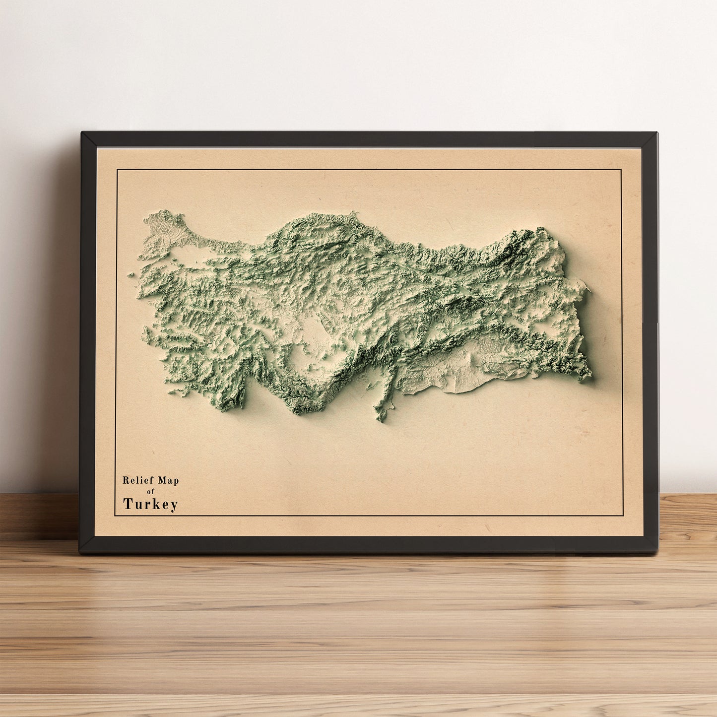 Turkey vintage framed shaded relief map in black frame. Artistic print highlighting mountains with a realistic terrain effect