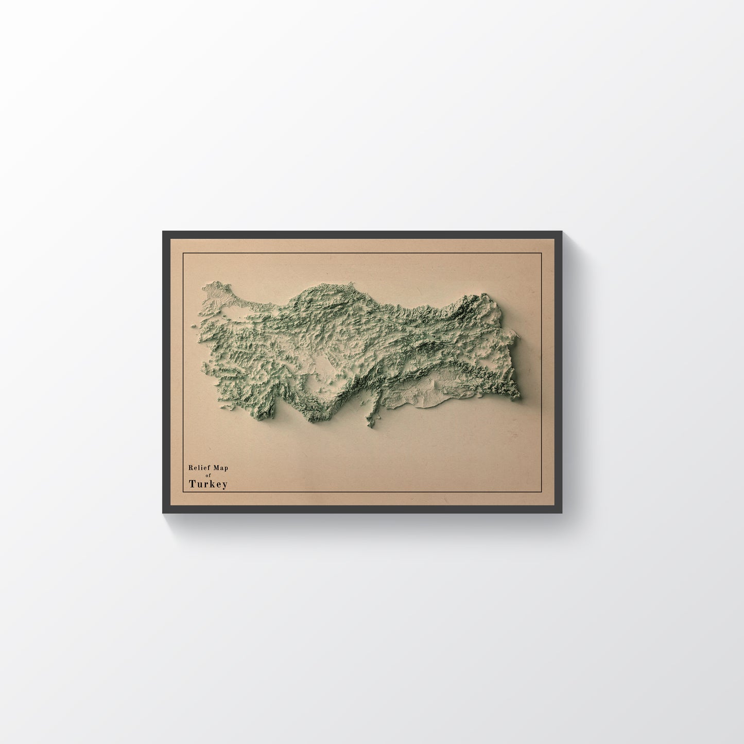 Turkey vintage framed shaded relief map in black frame. Artistic print highlighting mountains with a realistic terrain effect