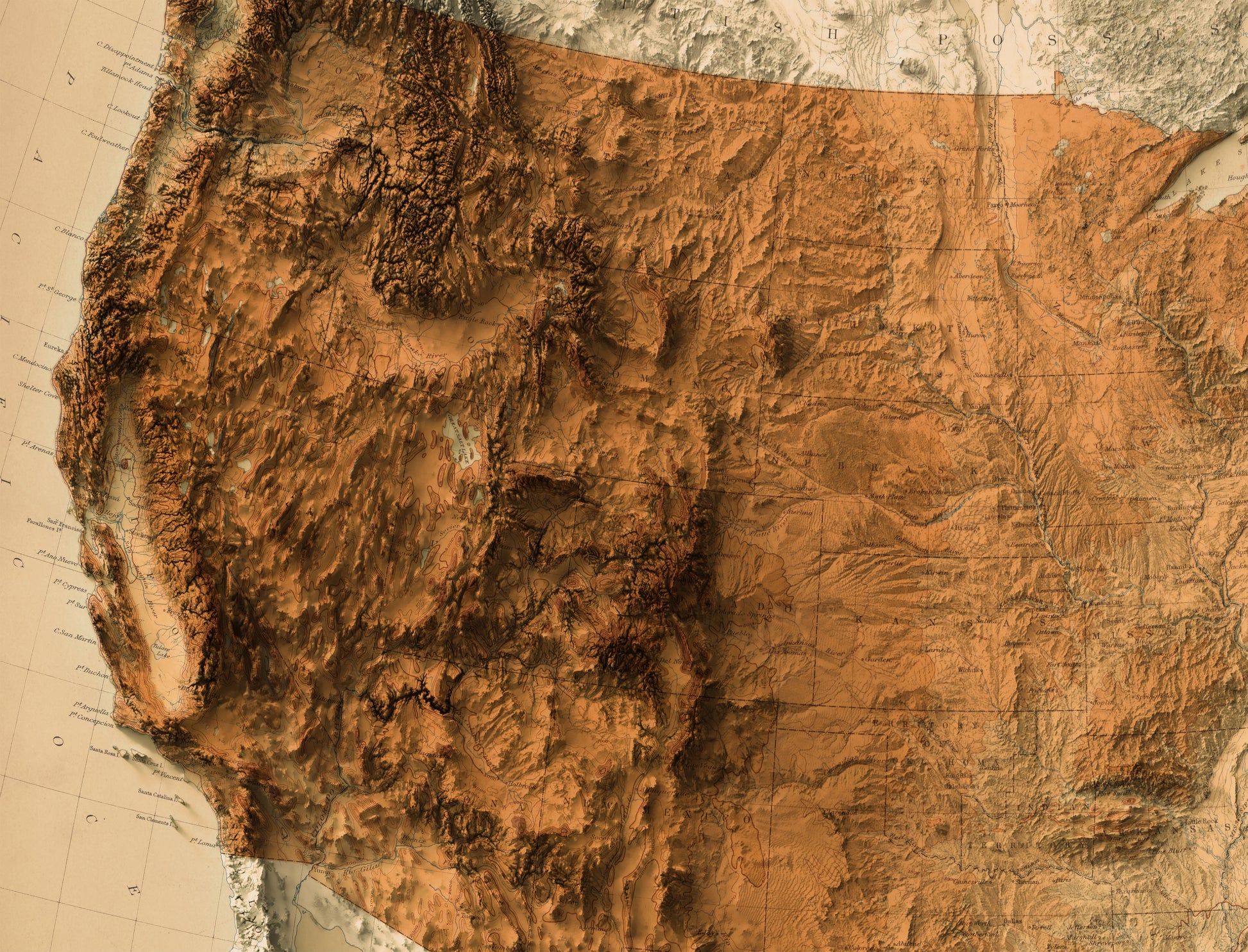 Detailed close-up of a vintage United States (USA) relief map, showcasing textured topography and geographic contours