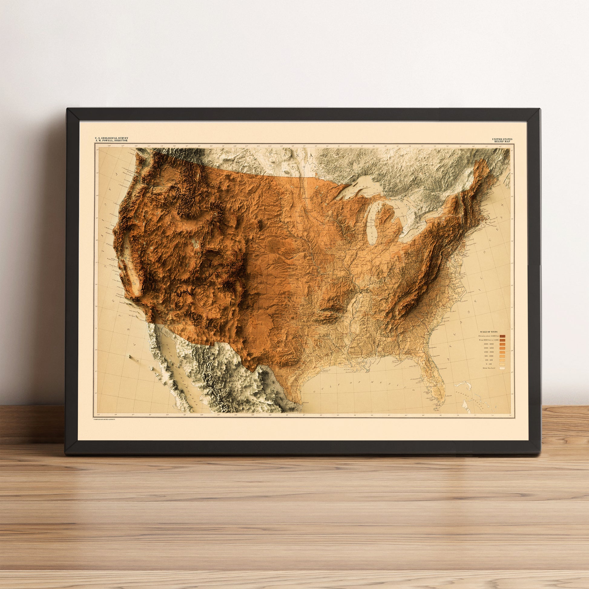 United States USA vintage framed shaded relief map in black frame. Artistic print highlighting mountains with a realistic terrain effect