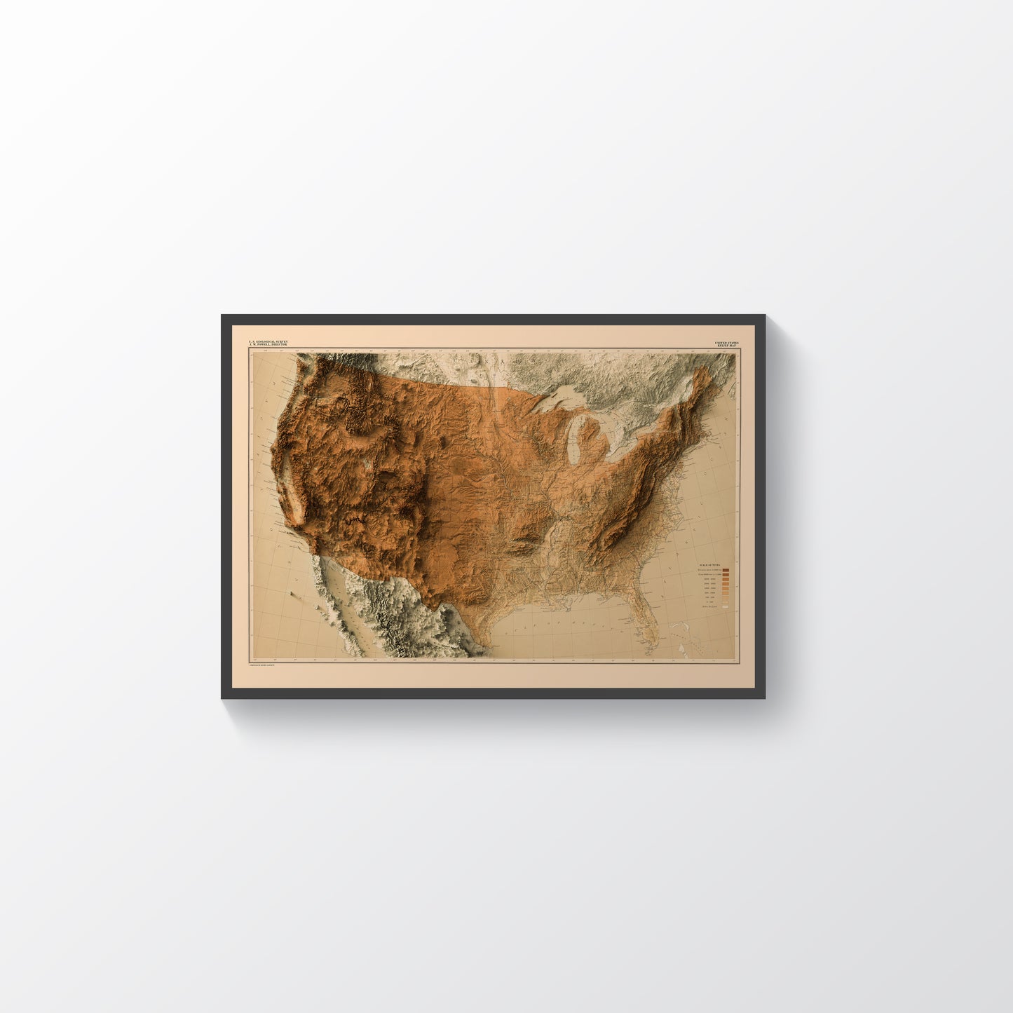 United States USA vintage framed shaded relief map in black frame. Artistic print highlighting mountains with a realistic terrain effect