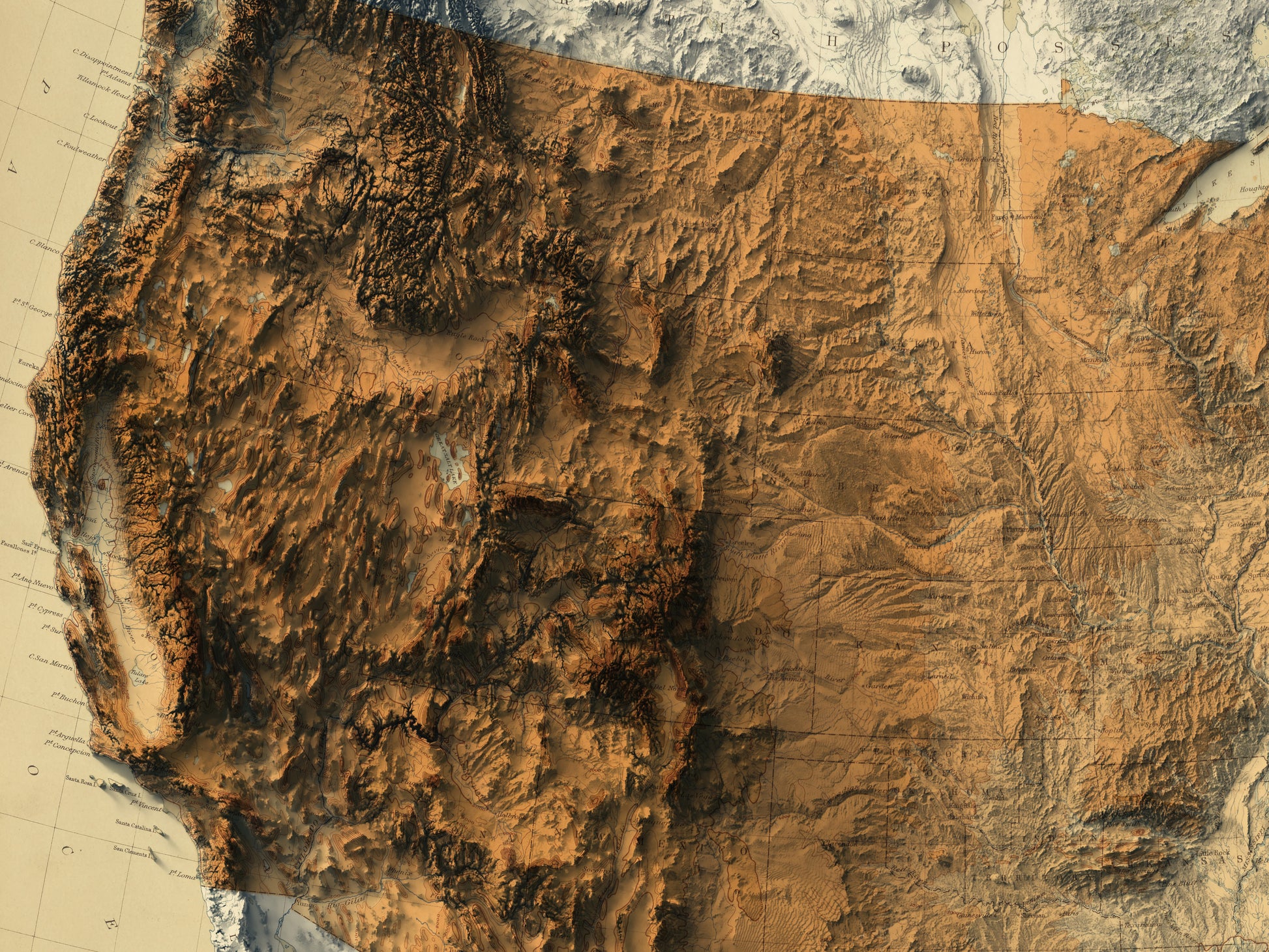 Detailed close-up of a vintage United States (USA) relief map, showcasing textured topography and geographic contours