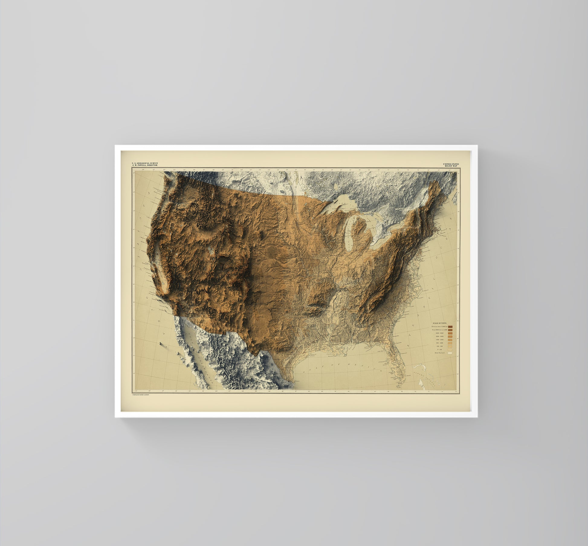 United States (USA) vintage framed shaded relief map in white frame. Artistic print highlighting mountains with a realistic 3d effect