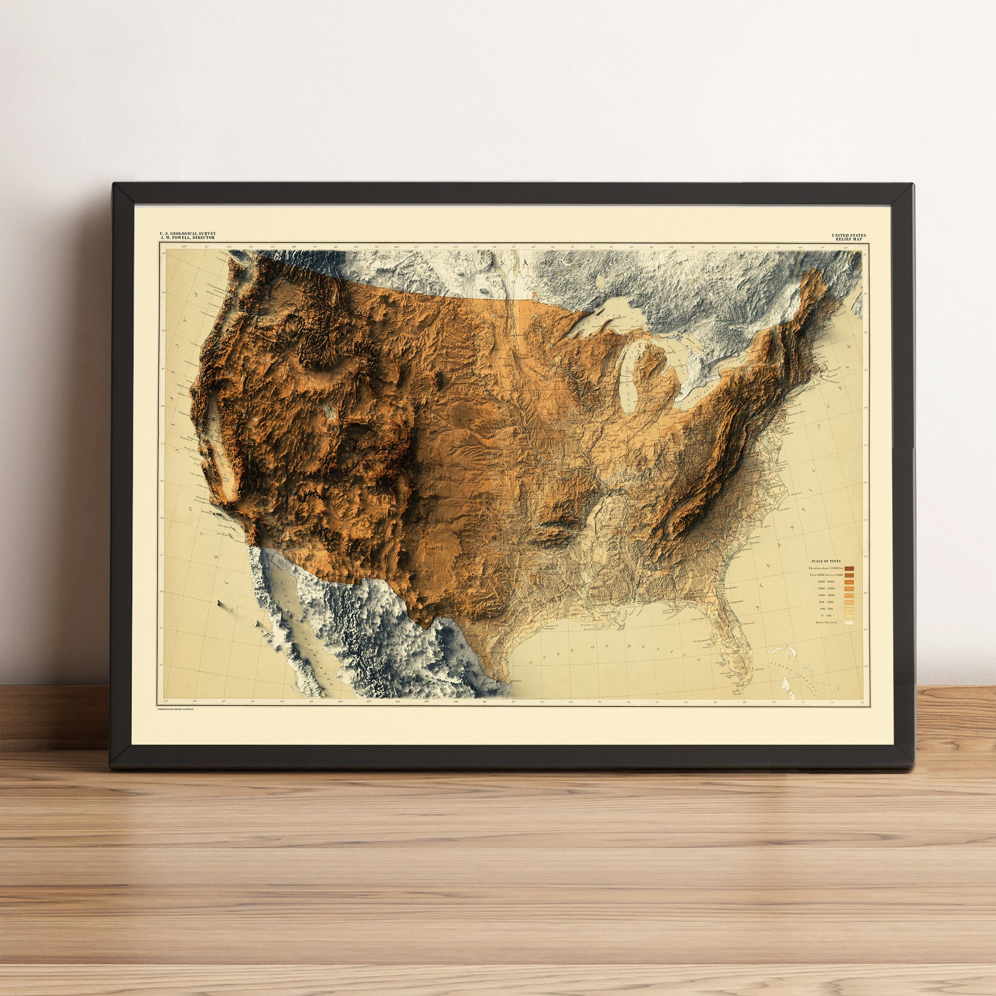 United States USA vintage framed shaded relief map in black frame. Artistic print highlighting mountains with a realistic terrain effect