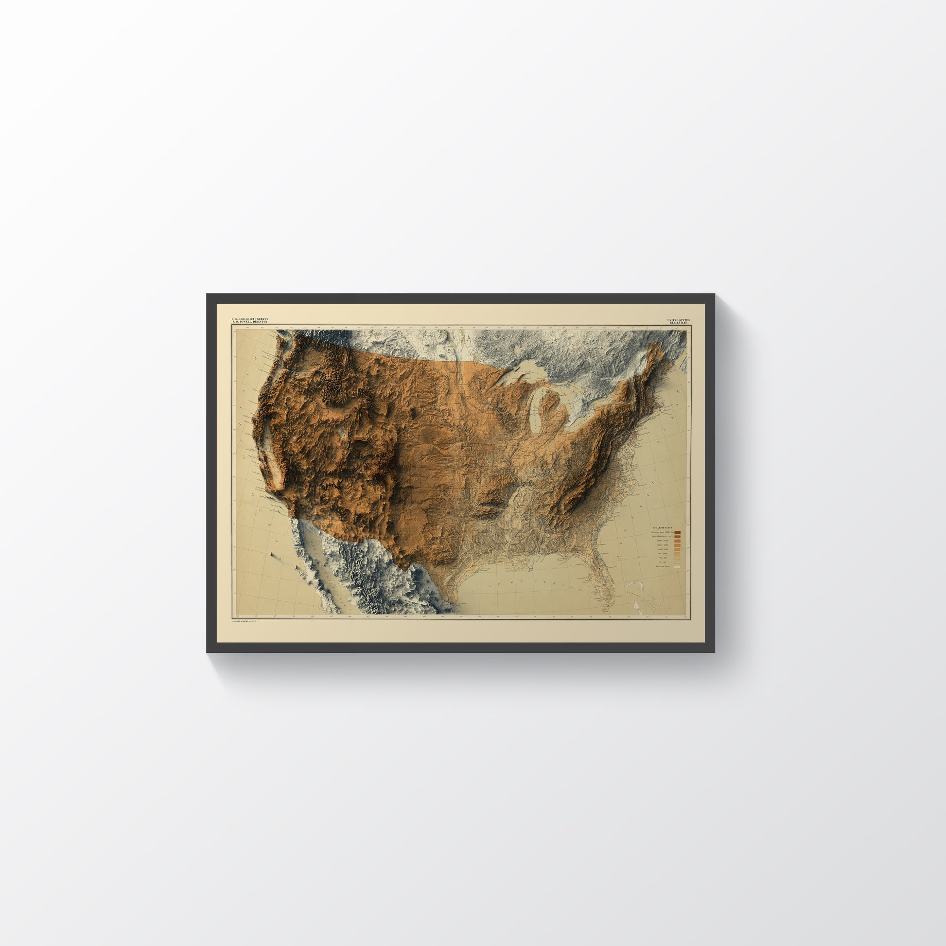 United States USA vintage framed shaded relief map in black frame. Artistic print highlighting mountains with a realistic terrain effect
