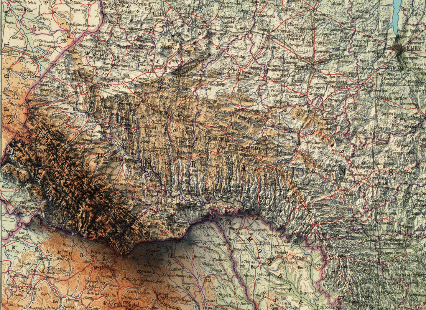 Detailed close-up of a vintage Ukraine relief map, showcasing textured topography and geographic contours